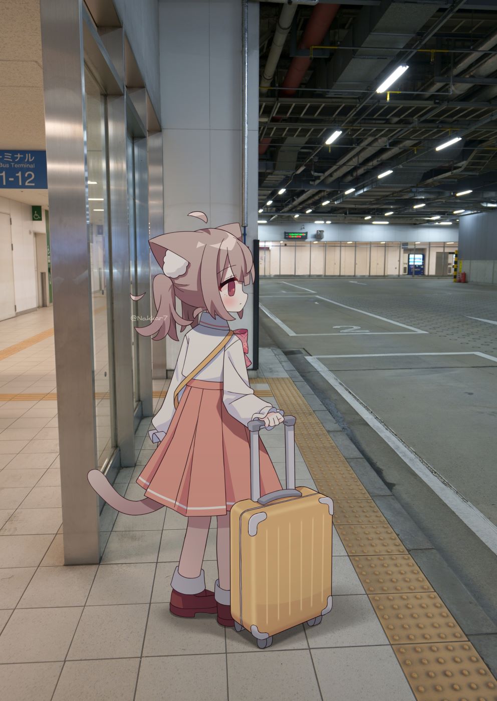 nakkar, original, commentary, highres, symbol-only commentary, 1girl, ahoge, animal ear fluff, animal ears, brown hair, cat ears, cat girl, cat tail, long sleeves, photo background, rolling suitcase, shirt, skirt, solo, suitcase, tail, train station, white shirt