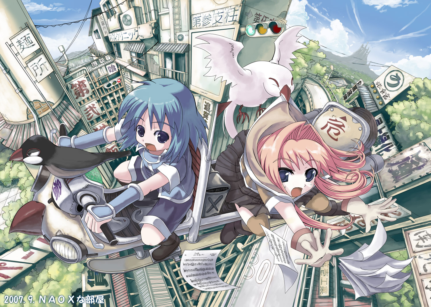 naox, original, bird, blue eyes, blue hair, school uniform, serafuku, short hair, skirt, thighhighs