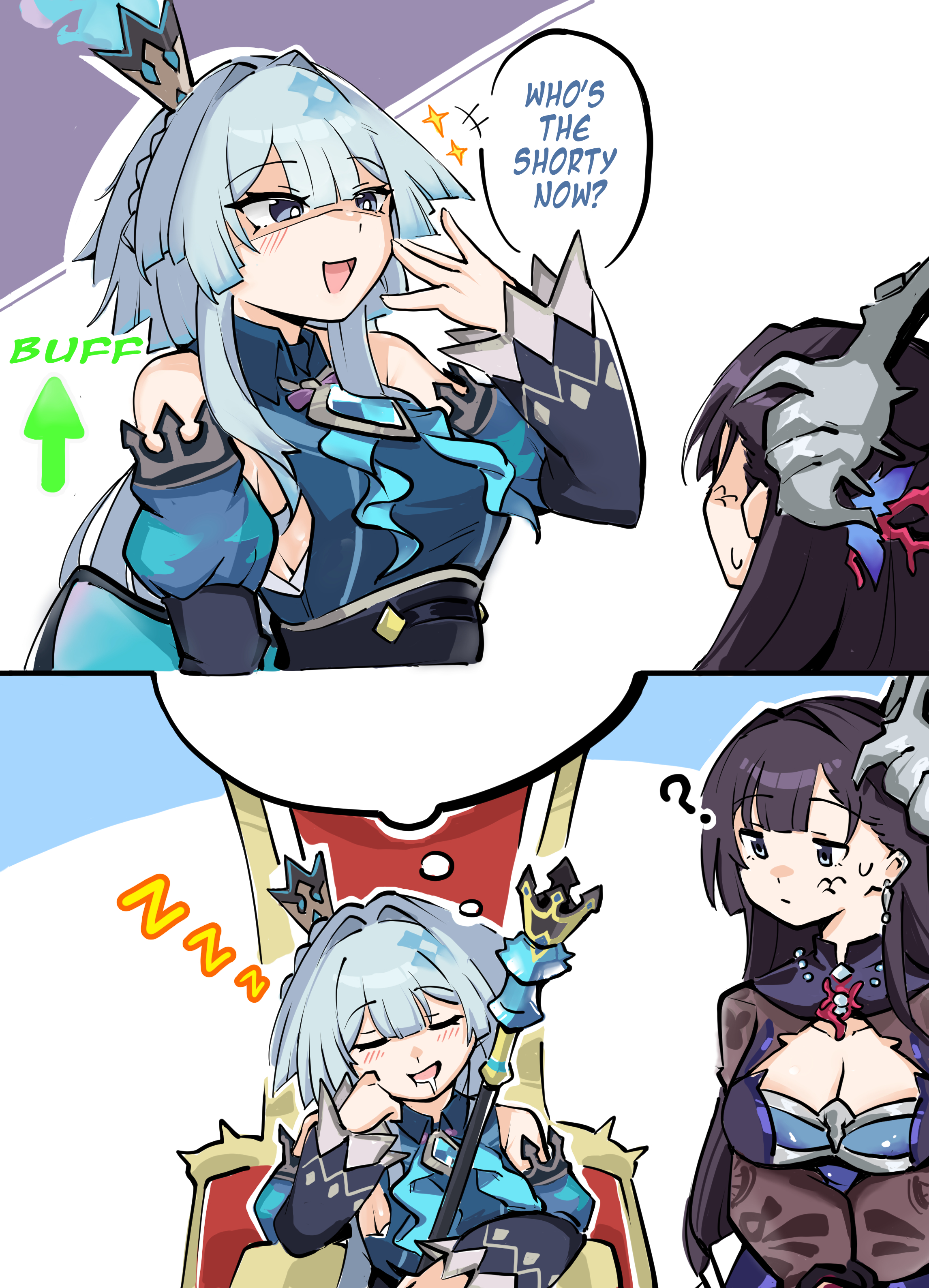 bossjob3, cerydra (honkai: star rail), hysilens (honkai: star rail), honkai: star rail, honkai (series), absurdres, highres, 2girls, black eyes, blue dress, blue fire, blue hair, breasts, closed eyes, crown, dreaming, dress, english text, fire, large breasts, long hair, multiple girls, saliva, sitting on throne, small breasts