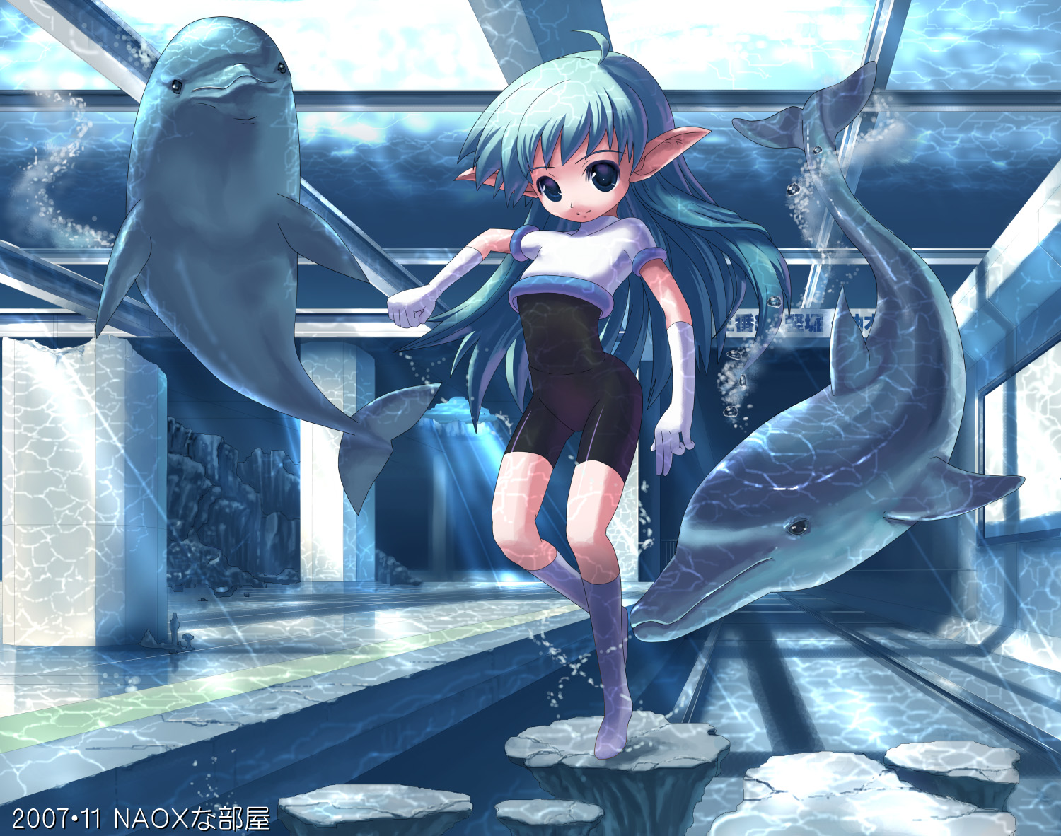 naox, original, blue eyes, blue hair, long hair, pointy ears, solo, swimsuit, water