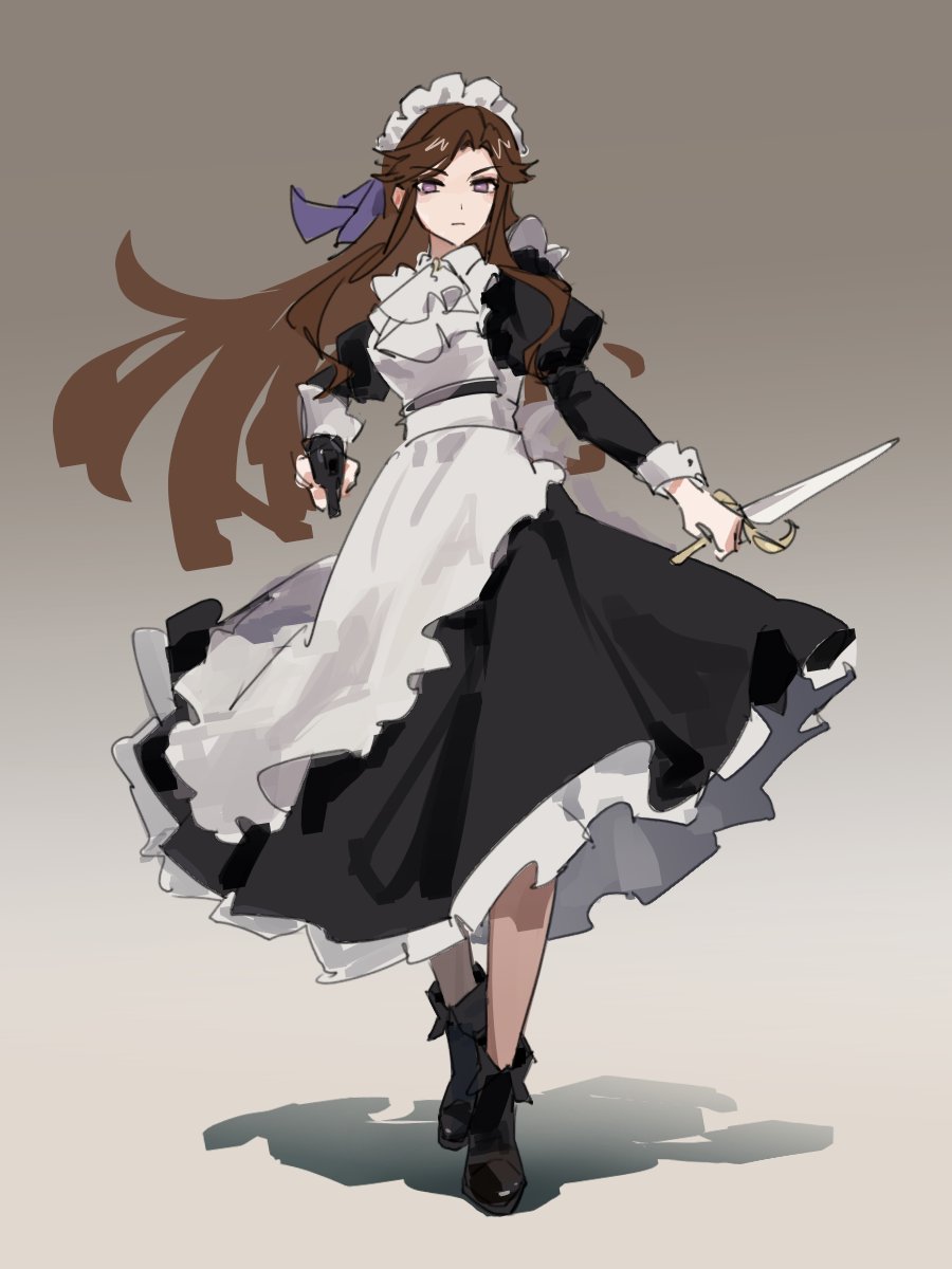 runrunsmallcake, tendou maya, shoujo kageki revue starlight, chinese commentary, commentary request, highres, 1girl, aiming, aiming at viewer, ankle boots, apron, ascot, asymmetrical dual wielding, black boots, black dress, boots, bow, brown hair, brown pantyhose, closed mouth, dress, dual wielding, floating hair, frilled apron, frilled dress, frills, full body, gradient background, grey background, gun, hair bow, hand up, handgun, heel up, holding, holding gun, holding sword, holding weapon, juliet sleeves, long hair, long sleeves, looking at viewer, maid, maid headdress, pantyhose, parted bangs, puffy sleeves, purple bow, purple eyes, reverse grip, shadow, sketch, solo, standing, sword, v-shaped eyebrows, weapon, white apron, white ascot