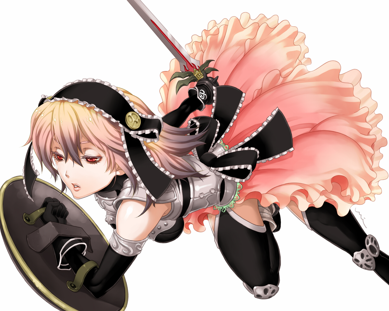 miogrobin, fantasy earth zero, tagme, red eyes, shield, solo, sword, thighhighs, weapon
