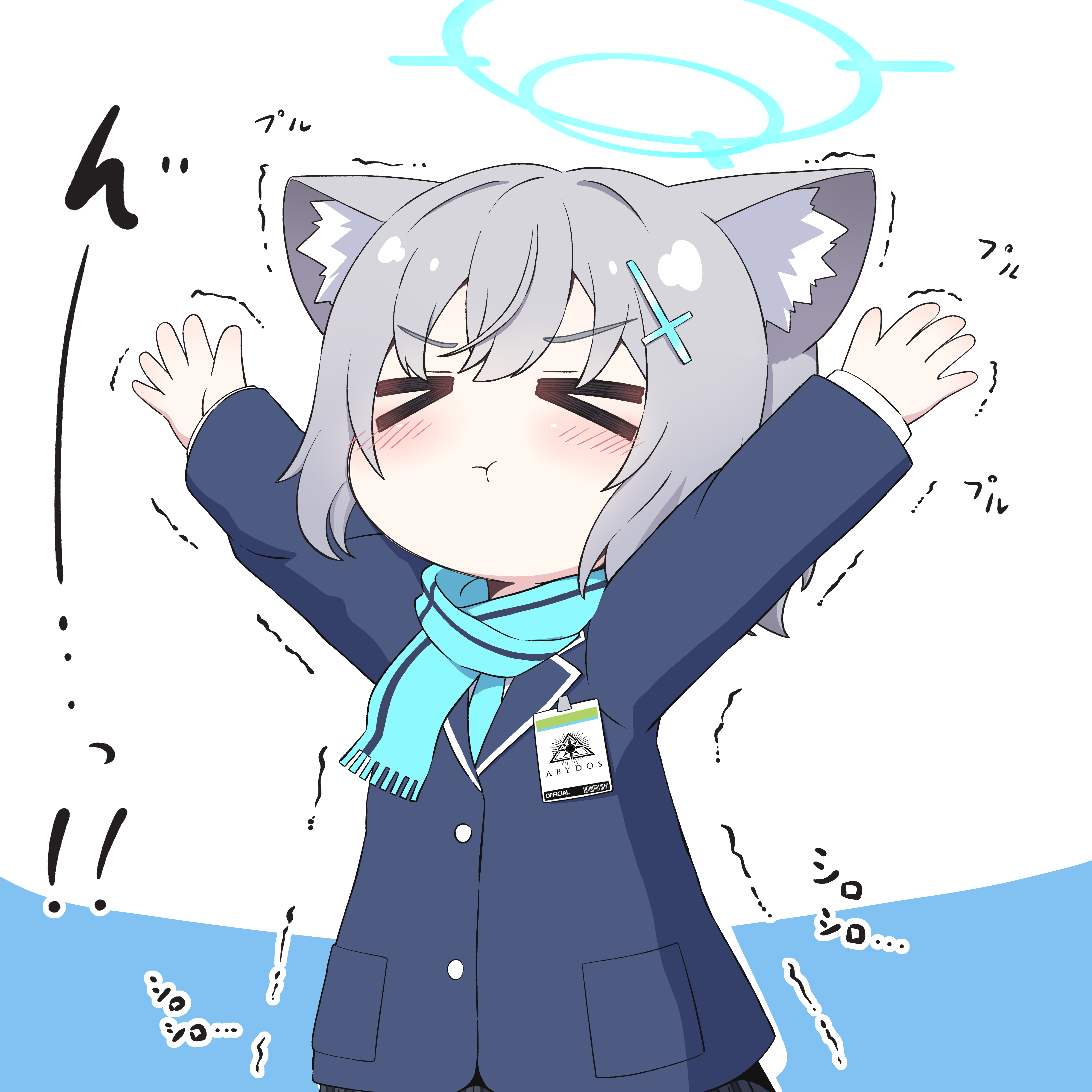master m 489, shiroko (blue archive), shiroko (young) (blue archive), blue archive, absurdres, highres, 1girl, animal ears, arm up, blue halo, breasts, grey hair, halo, headscarf, simple background, small breasts, solo, wolf ears