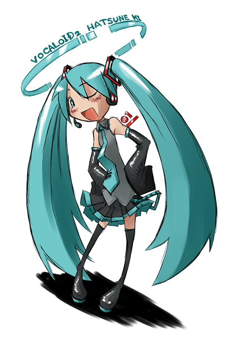 hatsune miku, vocaloid, 1girl, aqua eyes, aqua hair, aqua necktie, blush, boots, chibi, female focus, hair ornament, headphones, long hair, microphone, music, necktie, one eye closed, scarf, shirt, singing, skirt, sleeveless, sleeveless shirt, solo, thighhighs, twintails, very long hair, wink, zettai ryouiki