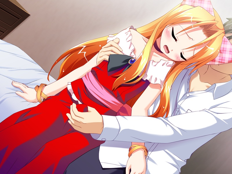 mizuki kotora, hashida riku, momeya sora, tsuiteru, plaid, game cg, 2boys, androgynous, bed, blonde hair, blush, bracelet, breasts, bulge, choker, closed eyes, crossdressing, crossdressing (mtf), crotch grab, dutch angle, erection, erection under clothes, fang, flat chest, grabbing another's breast, groping, handjob, jewelry, long hair, male focus, multiple boys, penis, shota, sitting, trap, yaoi