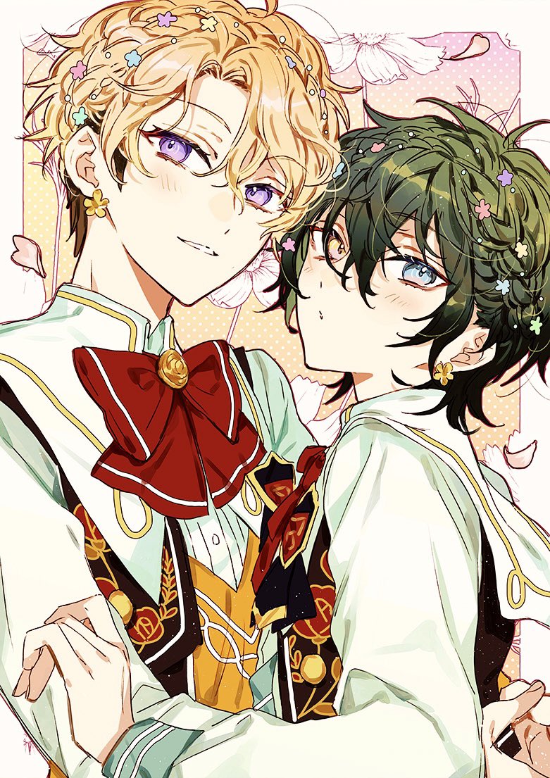 amanemio2, kagehira mika, narukami arashi, ensemble stars!, commentary, symbol-only commentary, 2boys, blonde hair, blue eyes, bow, braid, earrings, flower, flower earrings, green hair, hair flower, hair ornament, heterochromia, jewelry, long sleeves, looking at viewer, male focus, multiple boys, official alternate costume, parted lips, pink petals, pretty mission (ensemble stars!), purple eyes, red bow, short hair, upper body