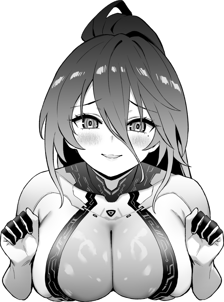 hori (hori no su), kansas (azur lane), azur lane, azur lane: slow ahead, blush, bodysuit, breasts, cleavage, greyscale, hands up, high ponytail, large breasts, long bangs, looking at viewer, mole, mole under eye, monochrome, open mouth, ponytail, simple background, smile, upper body, white background