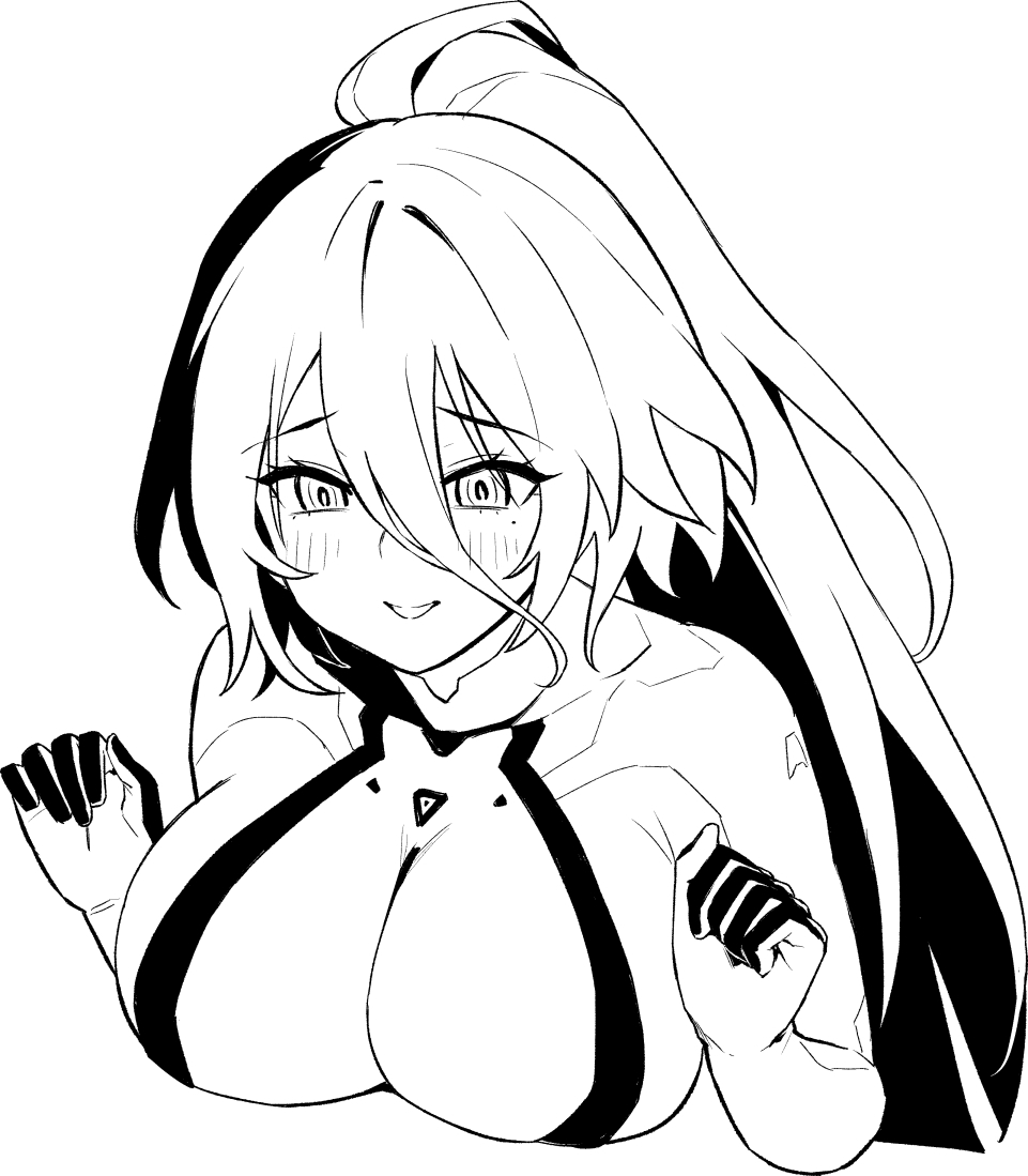 hori (hori no su), kansas (azur lane), azur lane, azur lane: slow ahead, blush, bodysuit, breasts, cleavage, greyscale, hands up, high ponytail, large breasts, long bangs, looking at viewer, mole, mole under eye, monochrome, open mouth, ponytail, simple background, smile, upper body, white background