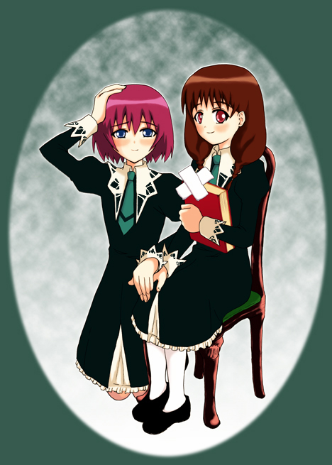 mizushima noriko, takemura chihaya, strawberry panic!, 00s, 2girls, arm up, blush, brown hair, chair, chihaya takemura, crossed bandaids, full body, green background, green eyes, green necktie, holding, long sleeves, looking at viewer, multiple girls, necktie, noriko mizushima, pink hair, red eyes, scratching head, short hair, simple background