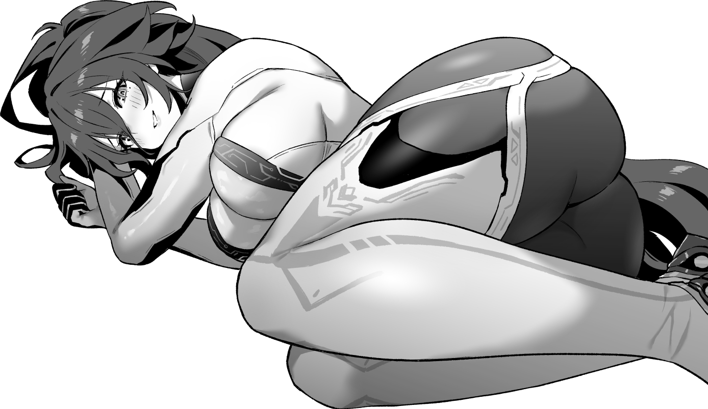 hori (hori no su), kansas (azur lane), azur lane, azur lane: slow ahead, 1girl, ass, bodysuit, breasts, greyscale, large breasts, long bangs, looking at viewer, lying, mole, mole under eye, monochrome, on side, open mouth, simple background, solo, white background