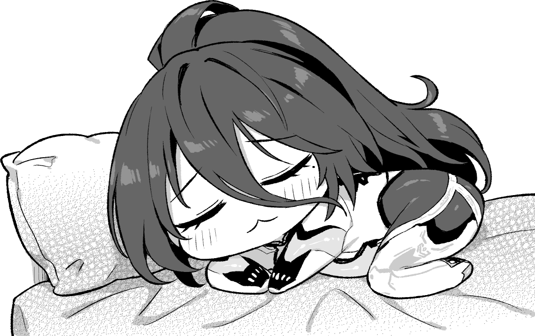 hori (hori no su), kansas (azur lane), azur lane, azur lane: slow ahead, 1girl, bodysuit, chibi, chibi only, closed eyes, closed mouth, greyscale, high ponytail, long bangs, lying, mole, mole under eye, monochrome, on bed, on side, pillow, ponytail, simple background, solo, white background