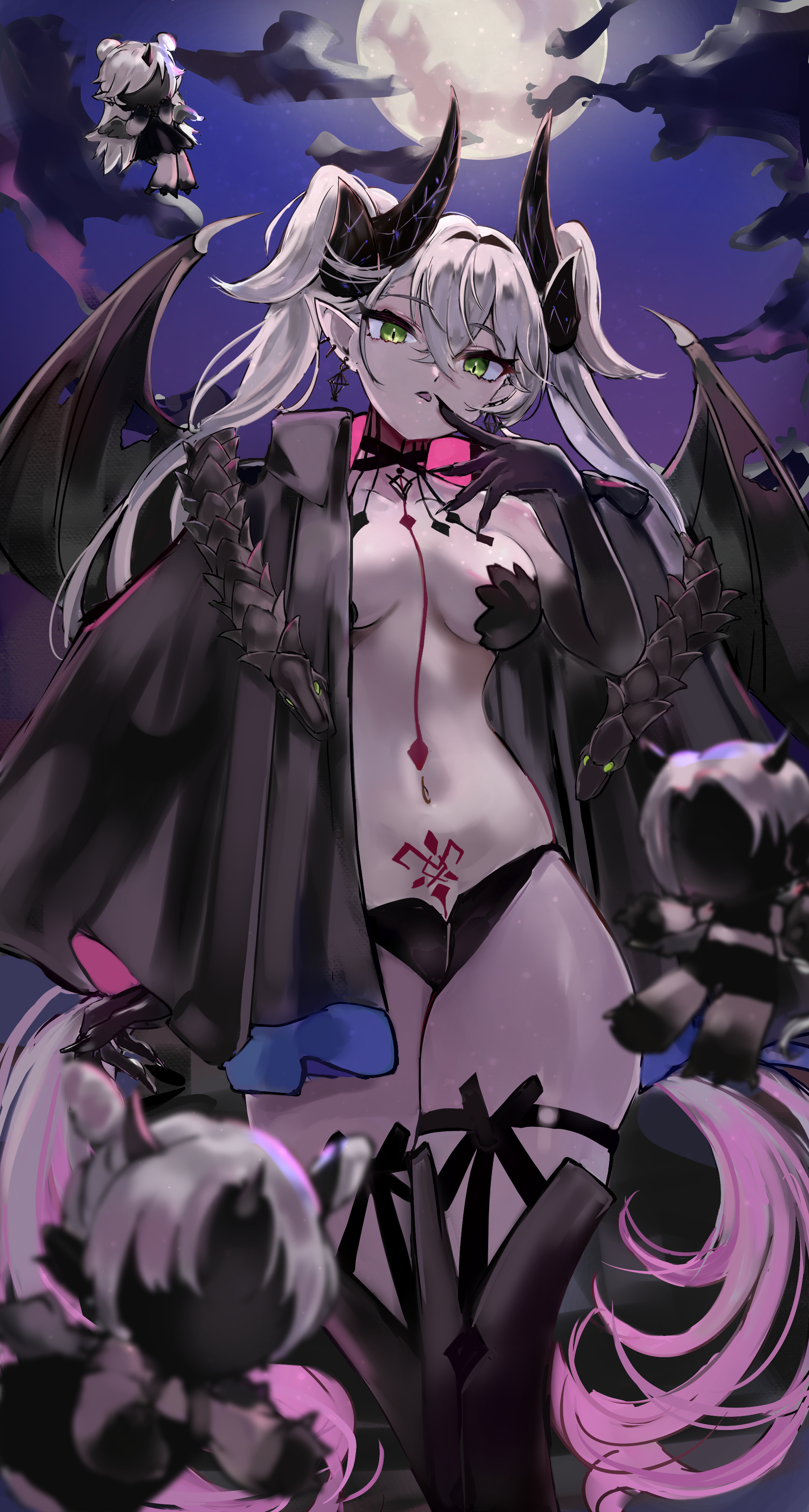 klash, lilith (fate), lilith (second ascension) (fate), fate/grand order, fate (series), absurdres, highres, 4girls, black cloak, black hands, black panties, black thighhighs, body markings, breasts, choker, cloak, colored extremities, crossed bangs, demon girl, demon horns, demon wings, drei (fate), ear piercing, eins (fate), full moon, green eyes, grey hair, hair between eyes, horns, long hair, looking at viewer, medium breasts, moon, multiple girls, navel, night, night sky, panties, piercing, pointy ears, sky, stomach tattoo, tattoo, thighhighs, thighs, twintails, underwear, very long hair, wings, zwei (fate)