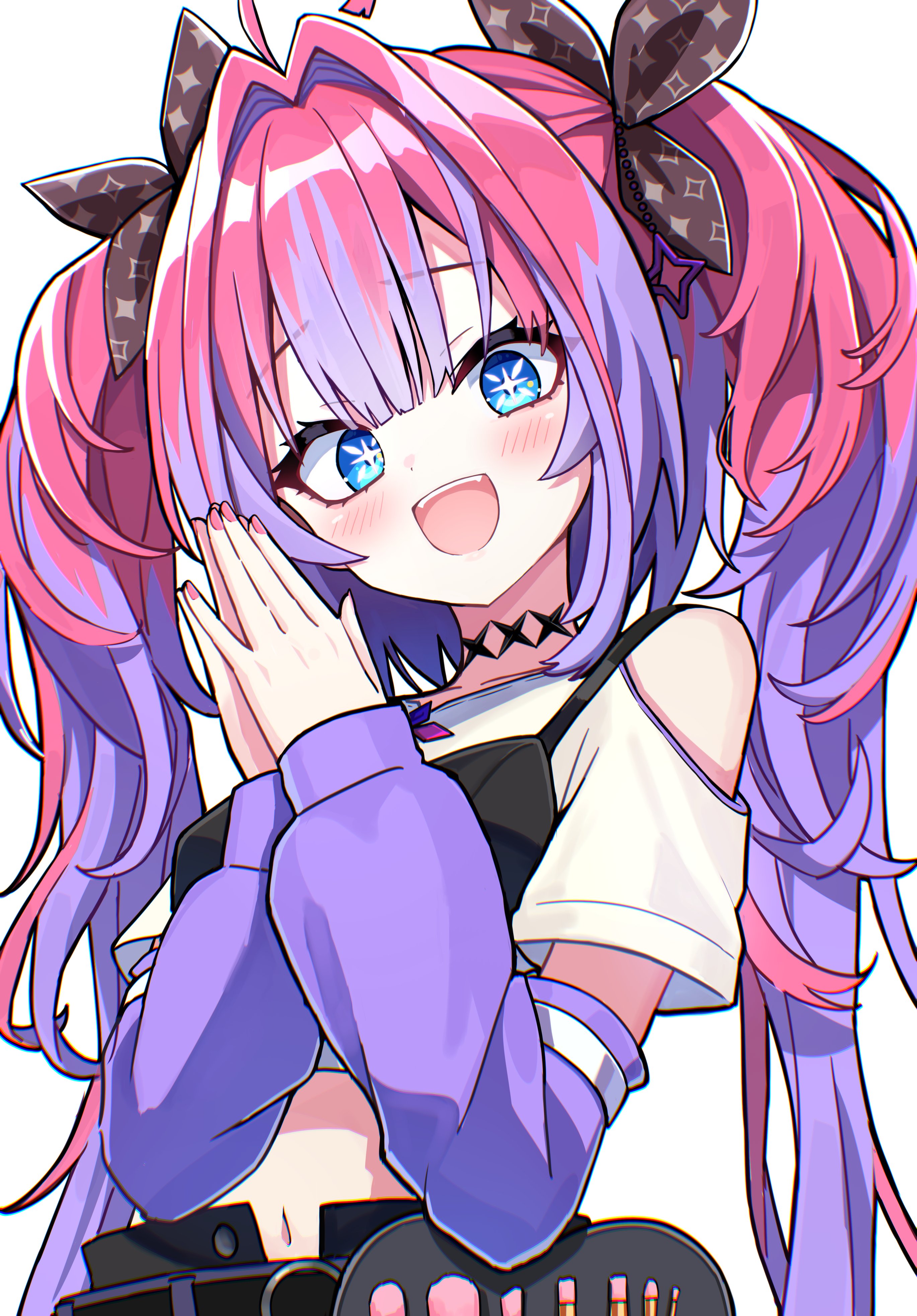kaie, kikirara vivi, hololive, hololive dev is, absurdres, commentary, highres, 1girl, :d, bare shoulders, blue eyes, blunt bangs, blush, brown ribbon, crop top, cropped shirt, detached sleeves, hair ribbon, long sleeves, looking at viewer, midriff, multicolored hair, navel, open mouth, palms together, purple hair, purple sleeves, red hair, ribbon, shirt, short sleeves, simple background, smile, solo, two-tone hair, upper body, virtual youtuber, white background, white shirt