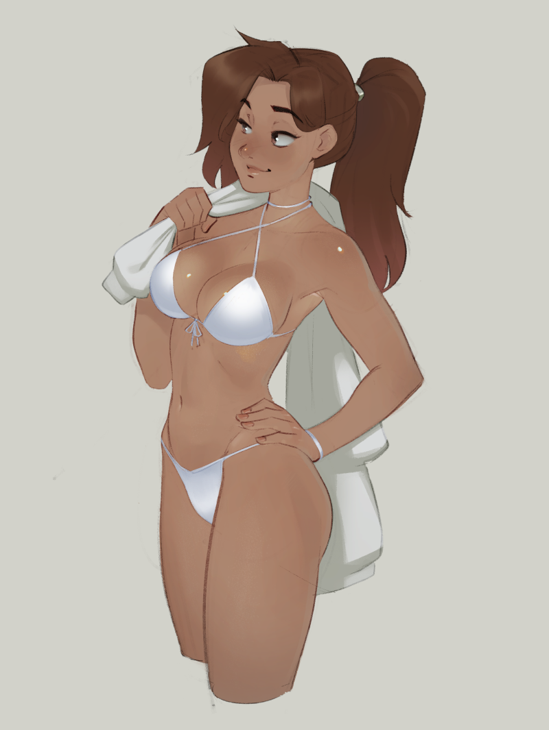 psuede, original, commentary, english commentary, 1girl, bikini, bracelet, breasts, brown eyes, brown hair, cleavage, closed mouth, criss-cross halter, cropped legs, dark-skinned female, dark skin, half-closed eyes, halterneck, hand on own hip, holding, holding towel, jewelry, long hair, navel, ponytail, simple background, solo, swimsuit, towel, white bikini