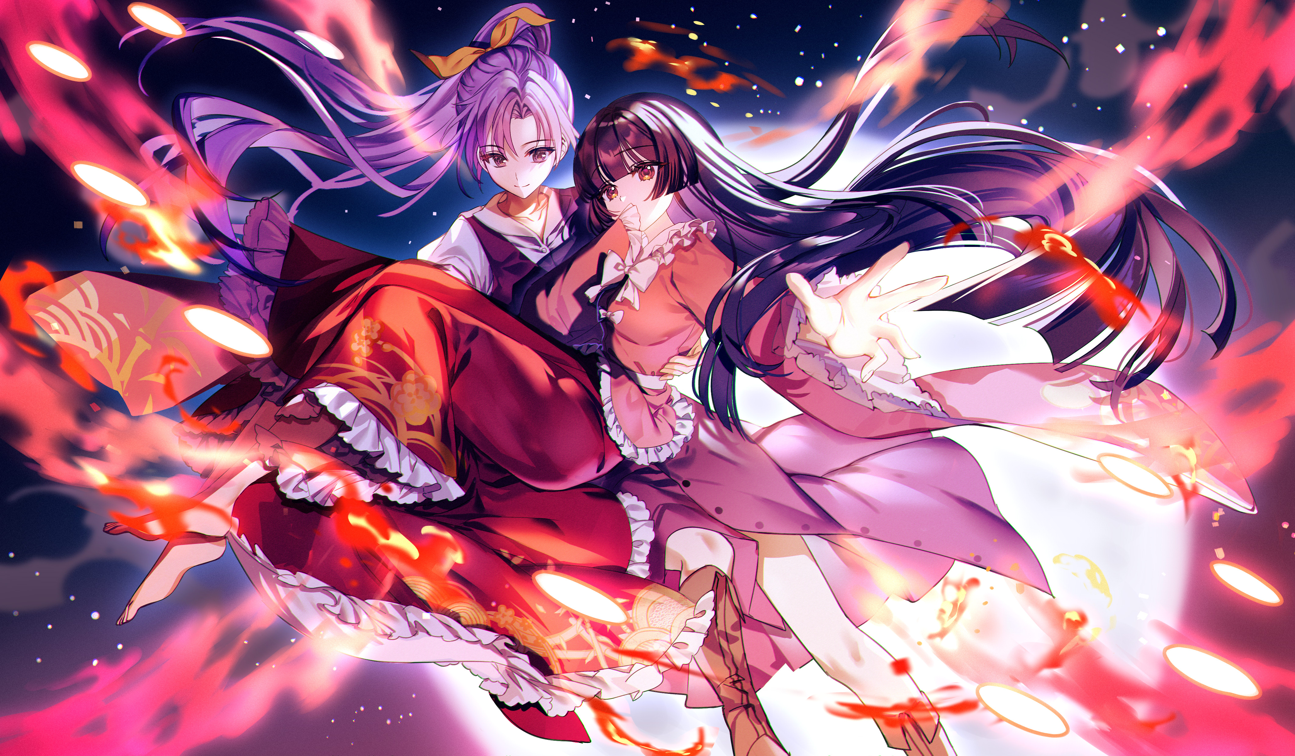 kanta (pixiv9296614), houraisan kaguya, watatsuki no yorihime, touhou, absurdres, highres, 2girls, barefoot, black hair, carrying, covering own mouth, danmaku, fire, flying, full moon, huge moon, jacket, long hair, looking at viewer, moon, multiple girls, pink jacket, ponytail, princess carry, purple eyes, purple hair, purple skirt, purple vest, red skirt, shirt, skirt, smile, vest, white shirt, wide sleeves