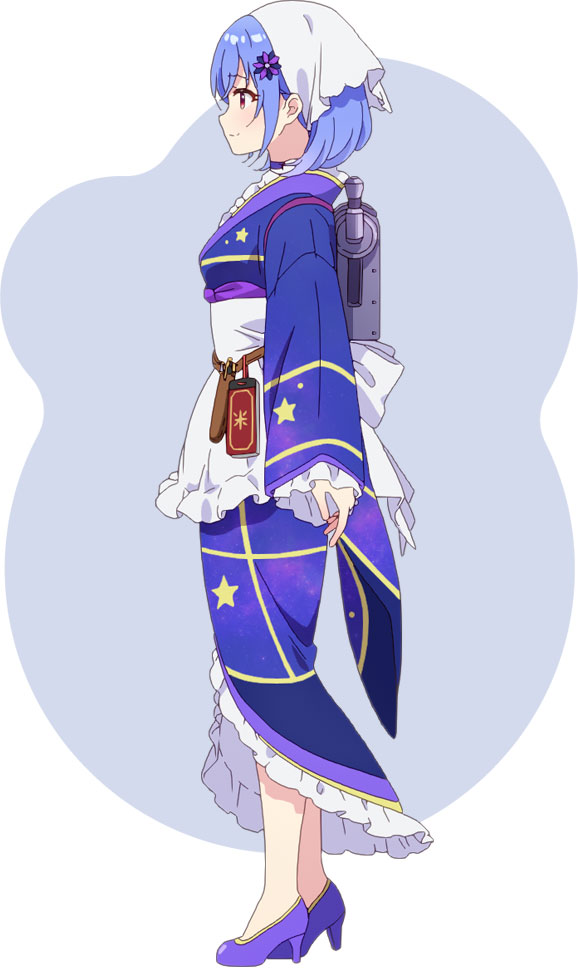 morikura en, houkiboshi (prima doll), prima doll (anime), official art, 1girl, anime coloring, apron, blue background, blue hair, blue kimono, blush, bob cut, breasts, choker, closed mouth, frilled apron, frilled kimono, frills, from side, full body, hair ornament, high heels, japanese clothes, kimono, long sleeves, maid, medium breasts, profile, purple choker, purple eyes, purple shoes, shoes, short hair, smile, solo, standing, star (symbol), star print, tenugui, two-tone background, wa maid, waist apron, white apron, white background, wide sleeves
