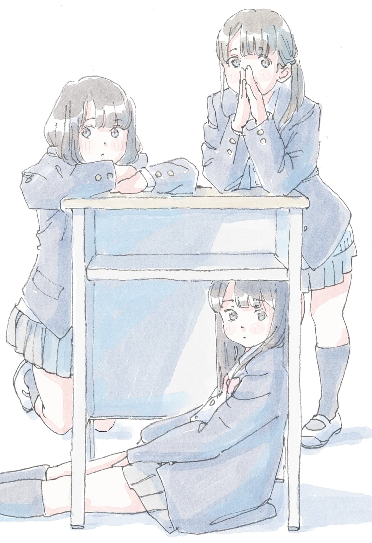 poranka (porankaran), original, commentary request, highres, 3girls, :<, black eyes, black hair, black socks, blazer, blush, bow, bowtie, closed mouth, desk, grey skirt, hair over shoulder, hands up, jacket, kneehighs, kneeling, long sleeves, looking at viewer, medium hair, multiple girls, pleated skirt, red bow, red bowtie, school desk, school uniform, shoes, simple background, sitting, skirt, socks, uwabaki, white background, white shoes