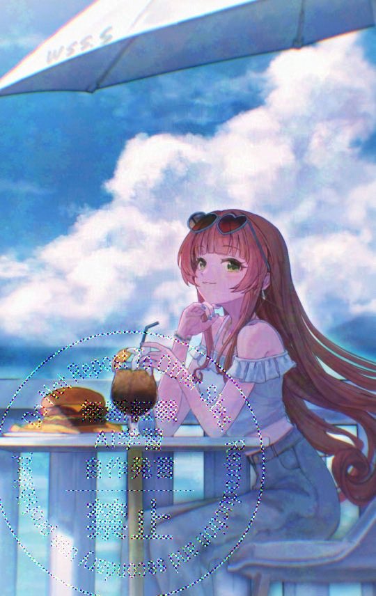wss (nicoseiga19993411), helena (kancolle), kantai collection, commentary request, 1girl, alternate costume, blue pants, blue sky, brown hair, burger, cloud, cup, drinking straw, earrings, eyewear on head, food, french fries, green eyes, halter shirt, halterneck, jewelry, long hair, looking at viewer, outdoors, pants, shirt, sitting, sky, smile, solo, sunglasses, umbrella, white shirt