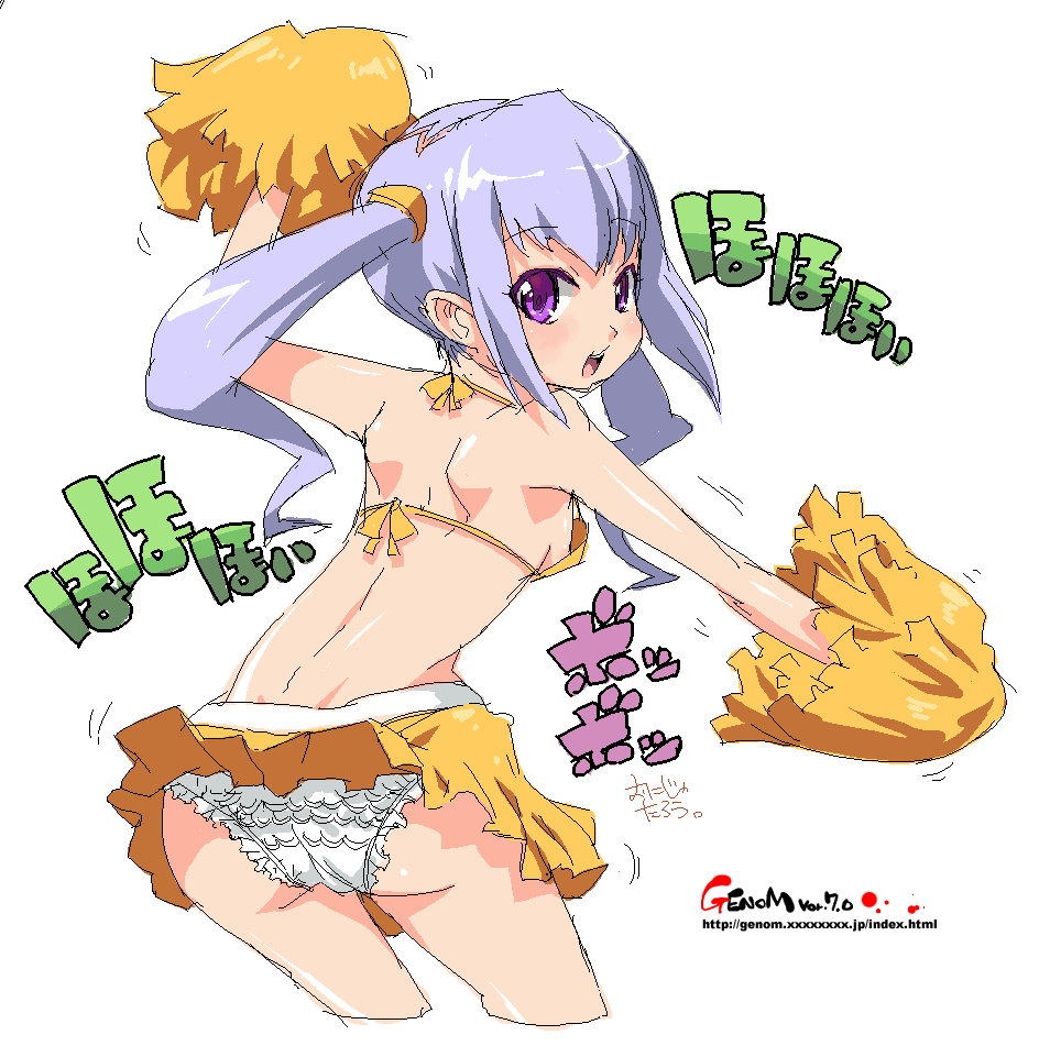 onija tarou, original, light purple hair, 1girl, ass, bikini, bikini top only, cheerleader, female focus, frilled panties, frills, oekaki, panties, pantyshot, pom pom (cheerleading), punching, purple eyes, skirt, smile, solo, swimsuit, twintails, underwear, upskirt