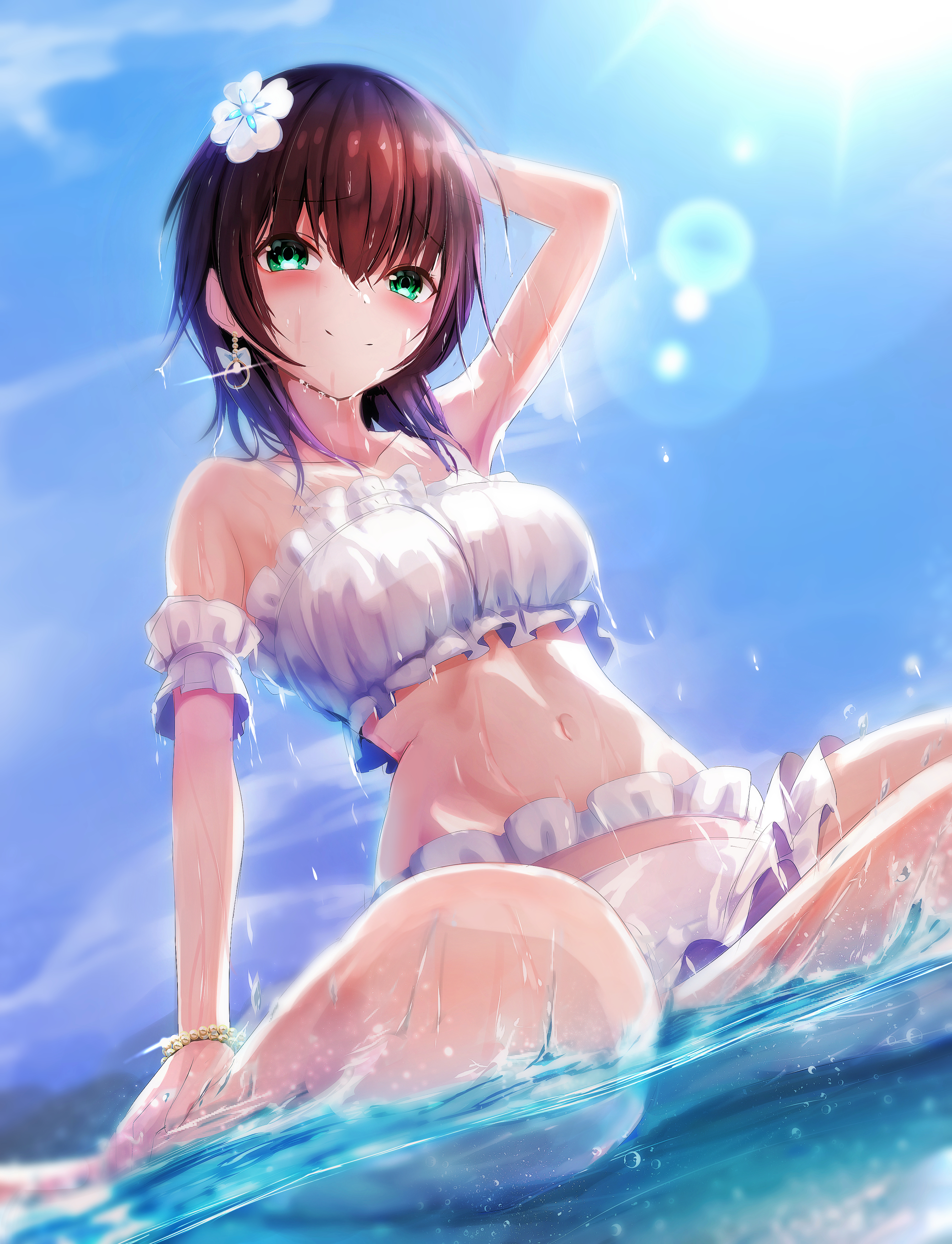 aoi erika, heaven burns red, absurdres, highres, 1girl, bikini, black hair, blue sky, blush, flower, green eyes, hair flower, hair ornament, navel, ocean, short hair, sitting, sky, smile, solo, swimsuit, wariza, white bikini, yanikura