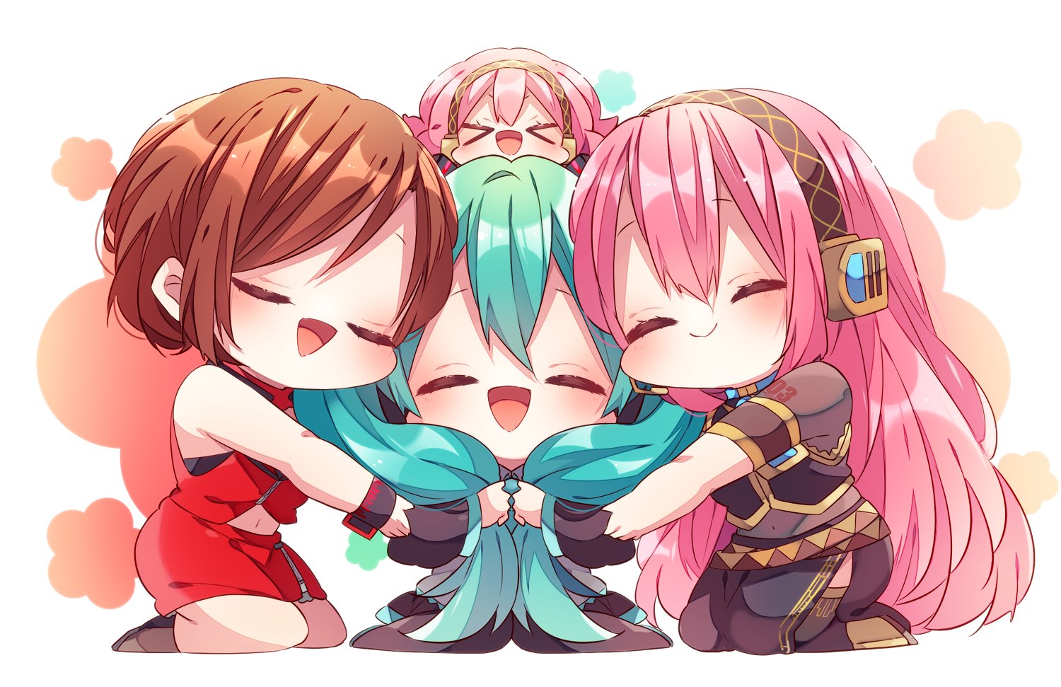 kaho 0102, hatsune miku, megurine luka, meiko (vocaloid), takoluka, vocaloid, commentary, > <, 3girls, :d, bare shoulders, black shoes, black skirt, black sleeves, black thighhighs, blue hair, blush, brown hair, chibi, chibi only, closed eyes, closed mouth, detached sleeves, double-parted bangs, full body, headphones, hug, jacket, long hair, long sleeves, multiple girls, number tattoo, open mouth, pink hair, red jacket, red skirt, see-through clothes, see-through sleeves, shoes, short hair, shoulder tattoo, sitting, skirt, sleeveless, sleeveless jacket, smile, tattoo, thighhighs, twintails, xd