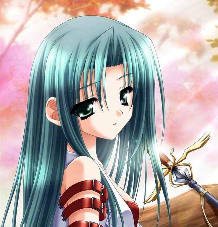 1girl, breasts, buckle, female focus, green eyes, green hair, long hair, matching hair/eyes, scepter, small breasts, solo