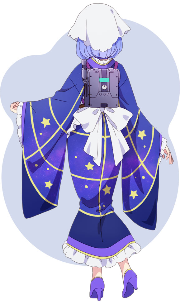 morikura en, houkiboshi (prima doll), prima doll (anime), official art, 1girl, anime coloring, apron, blue background, blue hair, blue kimono, bob cut, choker, frilled apron, frilled kimono, frills, from behind, full body, high heels, japanese clothes, kimono, long sleeves, purple choker, purple shoes, shoes, short hair, solo, standing, star (symbol), star print, tenugui, two-tone background, waist apron, white apron, white background, wide sleeves