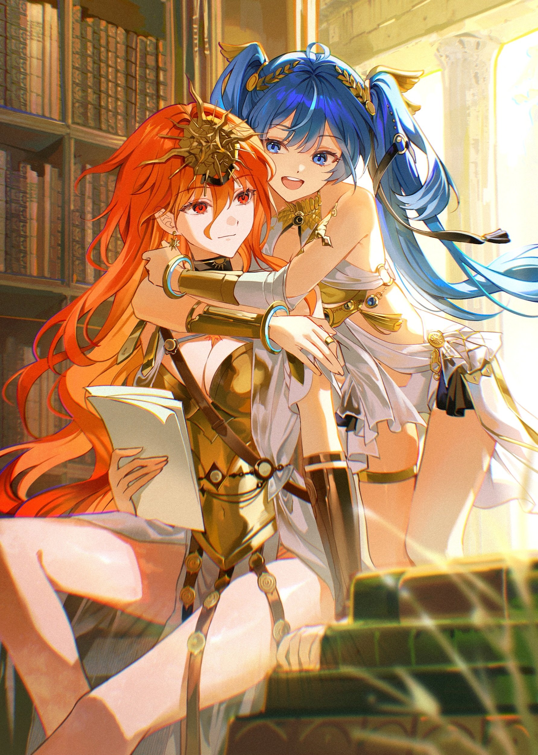 pong (pong o0), augusta (wuthering waves), iuno (wuthering waves), wuthering waves, absurdres, commentary, hashtag-only commentary, highres, 2girls, ahoge, ancient greek clothes, arm armor, armor, bare legs, bare shoulders, black collar, black skirt, blue eyes, blue hair, book, book stack, bookshelf, breastplate, breasts, cleavage, closed mouth, collar, colored inner hair, earrings, gold bra, greco-roman clothes, hair between eyes, head wreath, headgear, holding, holding paper, hug, hug from behind, indoors, jewelry, legs, library, long hair, looking at another, medium breasts, miniskirt, multicolored hair, multiple girls, open mouth, orange hair, paper, red eyes, showgirl skirt, sitting, skirt, smile, streaked hair, sun earrings, thighlet, thighs, very long hair