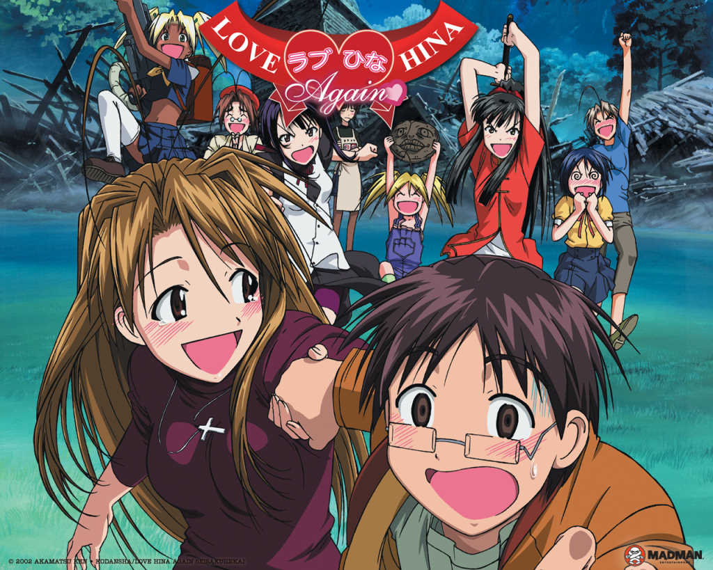 aoyama motoko, kaolla su, konno mitsune, maehara shinobu, narusegawa naru, otohime mutsumi, sarah mcdougal, urashima haruka, urashima kanako, urashima keitarou, love hina, official art, 1boy, 6+girls, apron, blush, cross, glasses, jewelry, latin cross, laughing, mask, multiple girls, necklace, shirt, skirt, sweat, tears, thighhighs