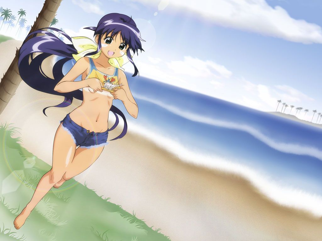 watanabe tooru, andou mahoro, mahoromatic, 1girl, beach, breasts, cloud, day, dutch angle, female focus, grass, groin, long hair, ocean, outdoors, palm tree, shirt tan, shorts, sky, small breasts, solo, tan, tanline, tree, underboob, water