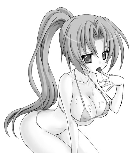 tachibana koo, sonozaki mion, higurashi no naku koro ni, lowres, 00s, 1girl, bikini, female focus, greyscale, looking at viewer, monochrome, solo, swimsuit