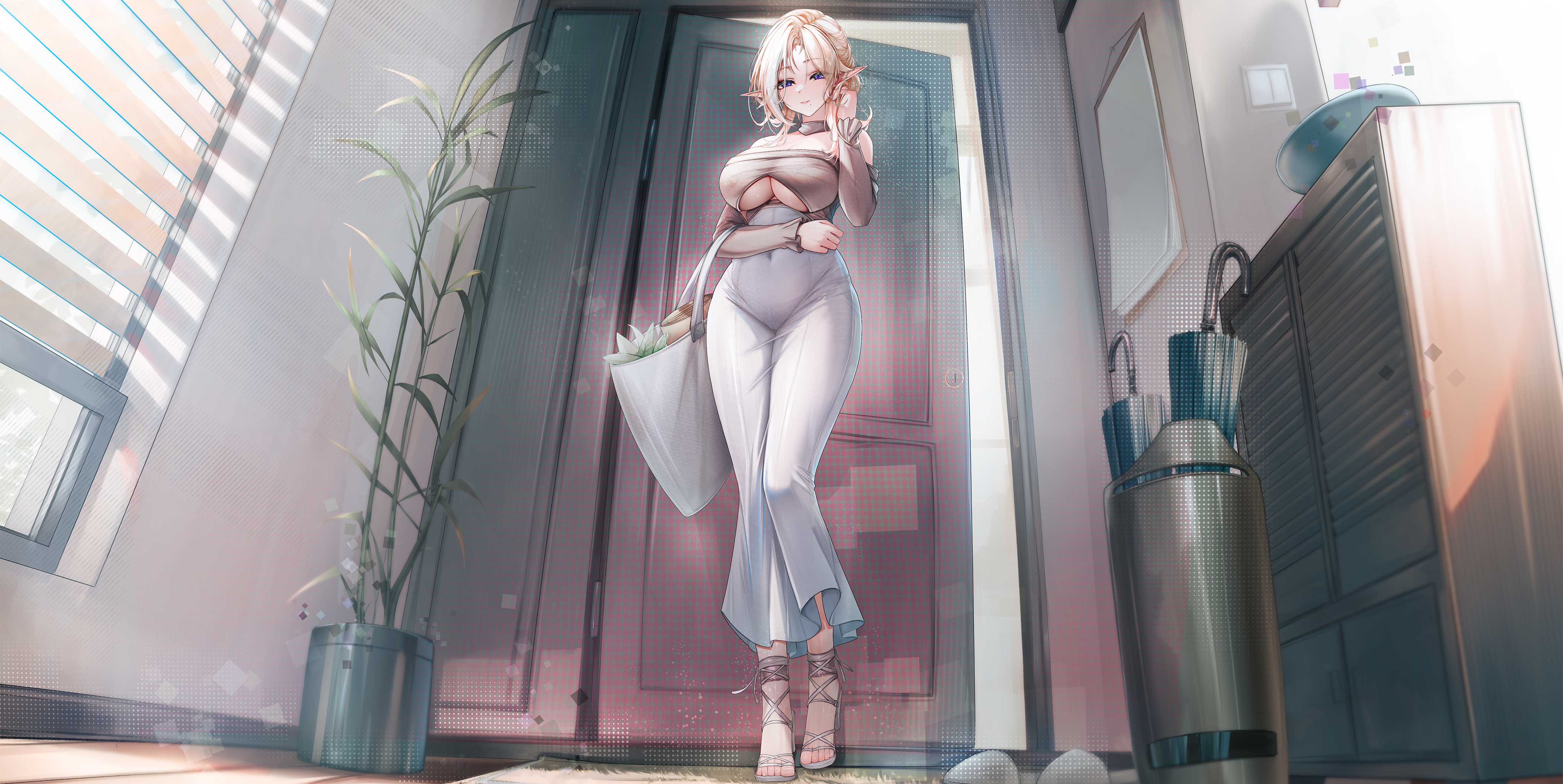lrrer, original, absurdres, commentary, english commentary, highres, 1girl, bag, bare shoulders, blonde hair, blush, breasts, cabinet, cleavage, clothing cutout, covered groin, covered navel, door, dress, elbow carry, feet, from below, full body, grey dress, hand in own hair, hand up, high heel sandals, holding, holding bag, indoors, large breasts, legs, light particles, long dress, long hair, long sleeves, looking at viewer, mole, mole under mouth, multicolored hair, off-shoulder dress, off shoulder, open door, parted bangs, parted lips, plant, pointy ears, potted plant, purple eyes, rug, sandals, sidelocks, solo, standing, streaked hair, thighs, toes, umbrella, umbrella stand, underboob, underboob cutout, white streaks, window, window blinds