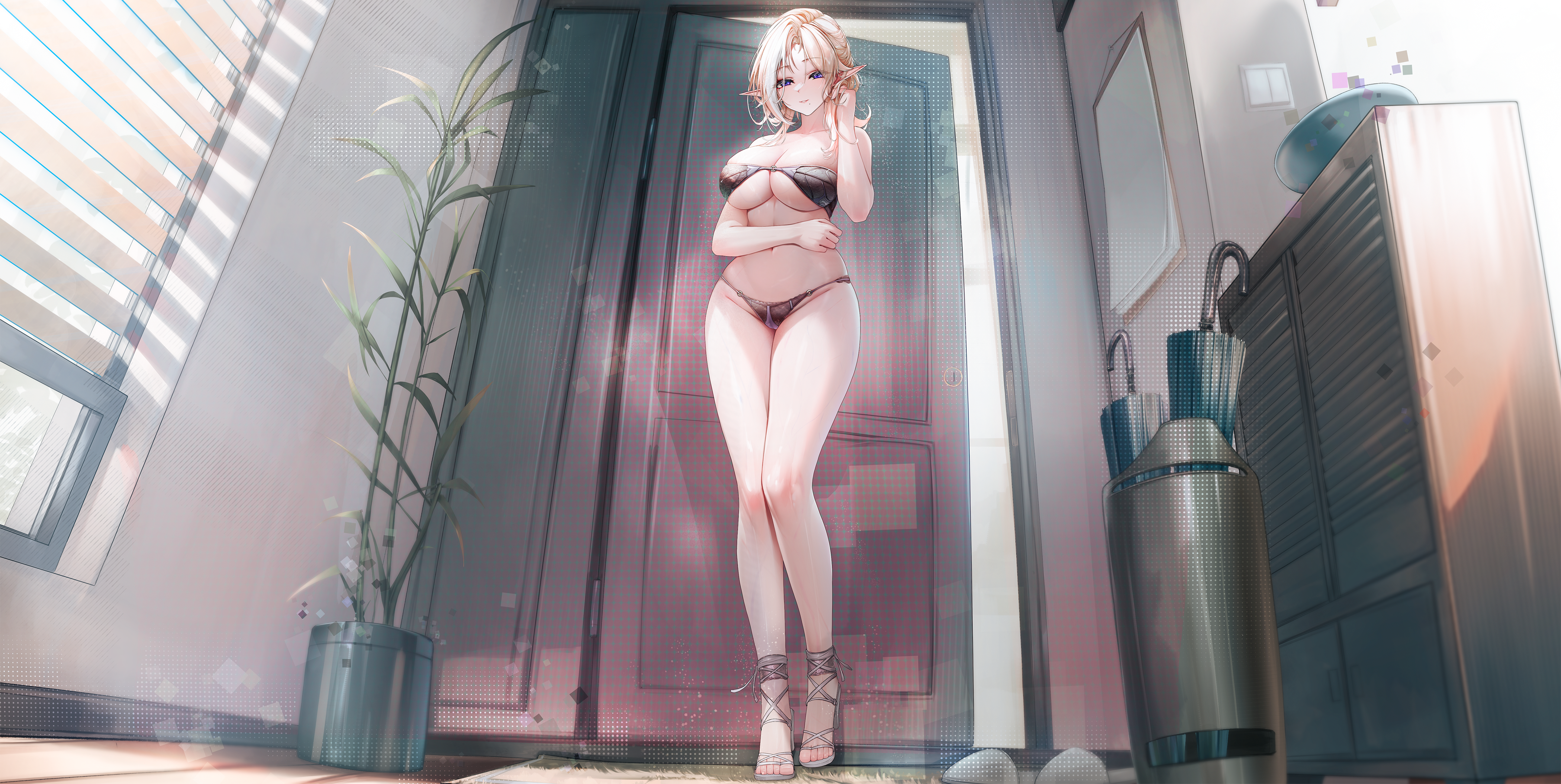 lrrer, original, absurdres, commentary, english commentary, highres, 1girl, bare shoulders, black bra, black panties, blonde hair, blush, bra, breasts, cabinet, cleavage, collarbone, door, elbow carry, feet, from below, full body, groin, hand in own hair, hand up, high heel sandals, holding, indoors, large breasts, legs, light particles, long hair, looking at viewer, mole, mole under mouth, multicolored hair, navel, o-ring, o-ring bottom, o-ring top, open door, panties, parted bangs, parted lips, plant, pointy ears, potted plant, purple eyes, rug, sandals, sidelocks, solo, standing, streaked hair, striped clothes, striped panties, thighs, toes, umbrella, umbrella stand, underboob, underwear, white streaks, window, window blinds