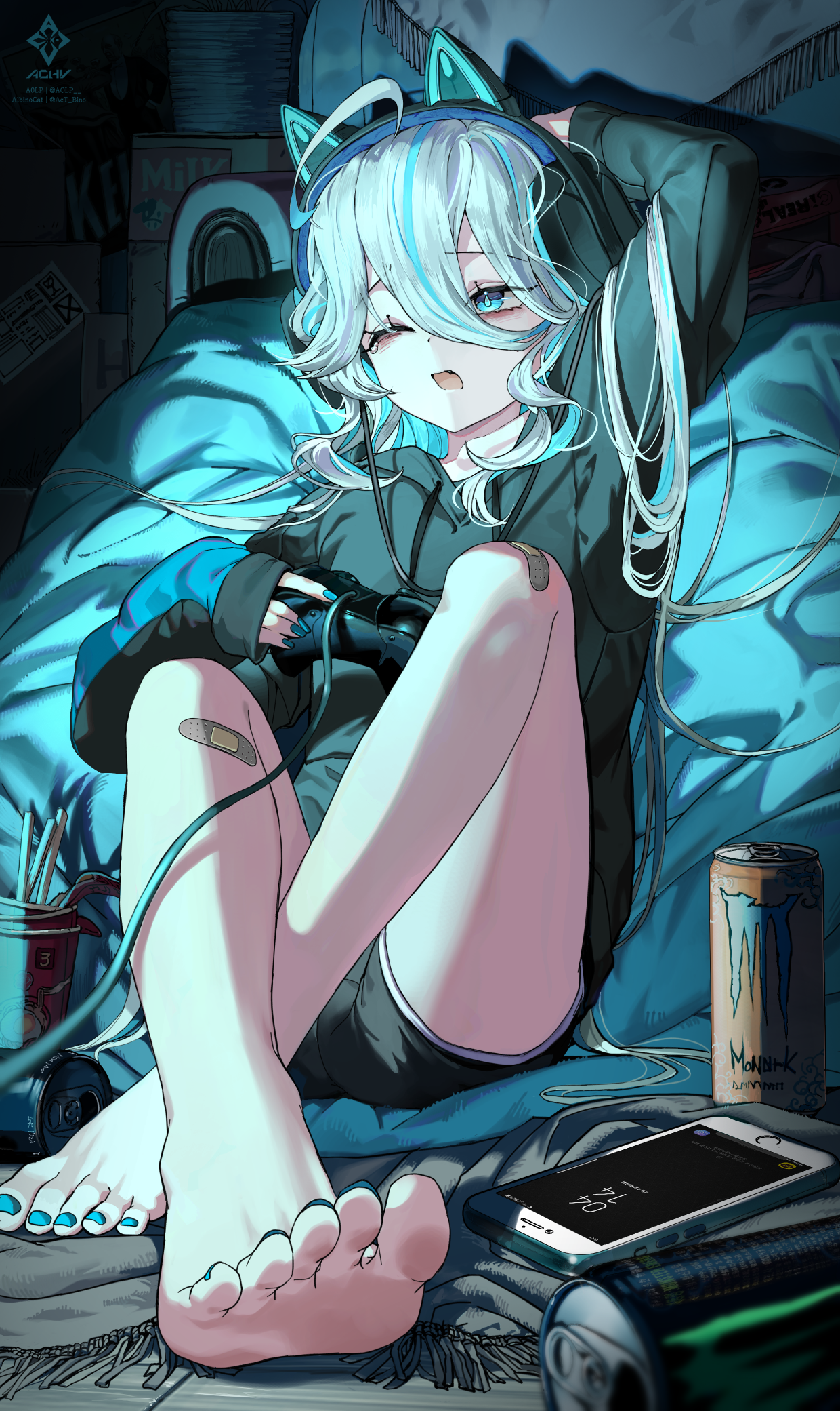 a0lp, furina (genshin impact), genshin impact, highres, 1girl, ahoge, alternate costume, animal ear headphones, animal ears, bandaid, bandaid on knee, bandaid on leg, barefoot, black hoodie, black shorts, blue eyes, blue hair, blue nails, brand name imitation, cat ear headphones, cellphone, controller, dorsiflexion, drop-shaped pupils, energy drink, fake animal ears, feet, fingernails, foreshortening, game controller, headphones, holding, holding controller, holding game controller, hood, hoodie, looking at viewer, multicolored hair, nail polish, one eye closed, open mouth, phone, shorts, smartphone, solo, streaked hair, symbol-shaped pupils, toenail polish, toenails, toes, white hair