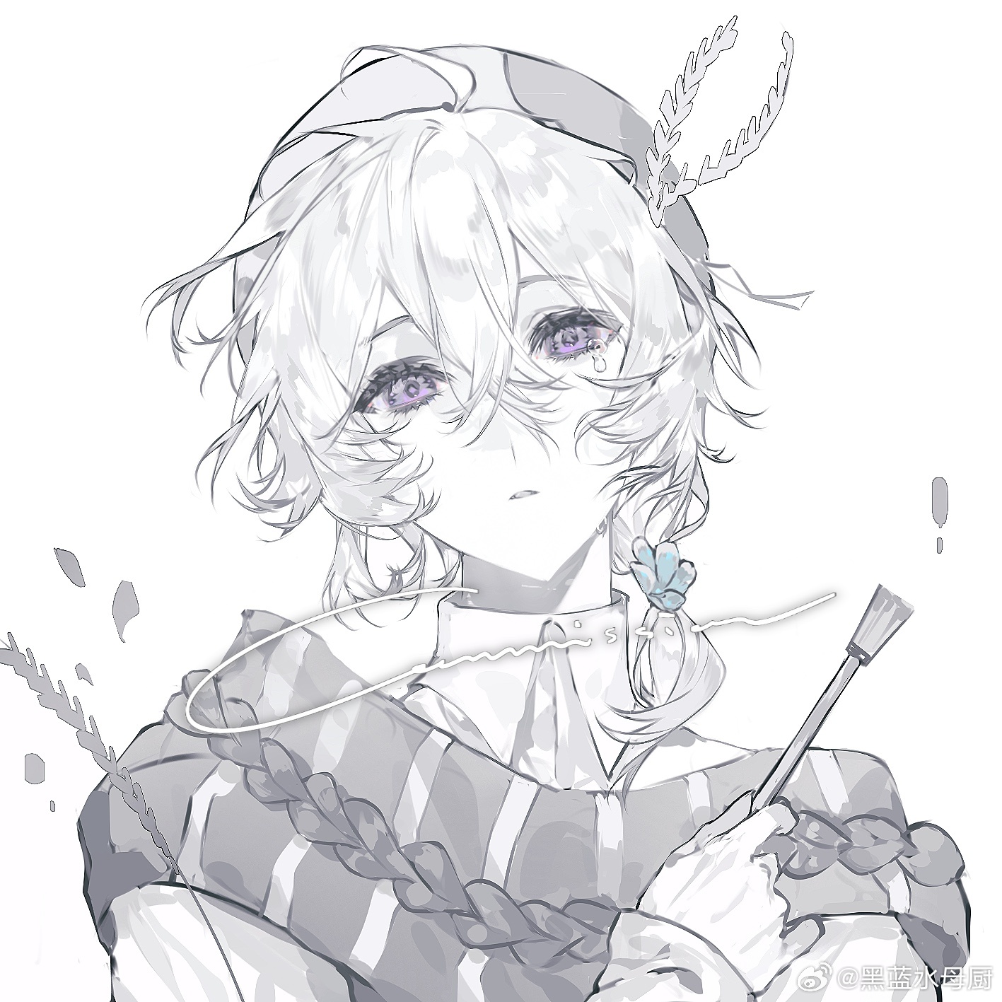 original, highres, 1boy, bishounen, collared shirt, crying, crying with eyes open, flower, hair between eyes, hair flower, hair ornament, hat, heilanshuimuchu, holding, holding paintbrush, long hair, long sleeves, low ponytail, male focus, paintbrush, pale skin, parted lips, petals, ponytail, purple eyes, scarf, shirt, short hair, simple background, sleeves past wrists, spot color, sweater, tears, upper body, white background, white hair, white shirt