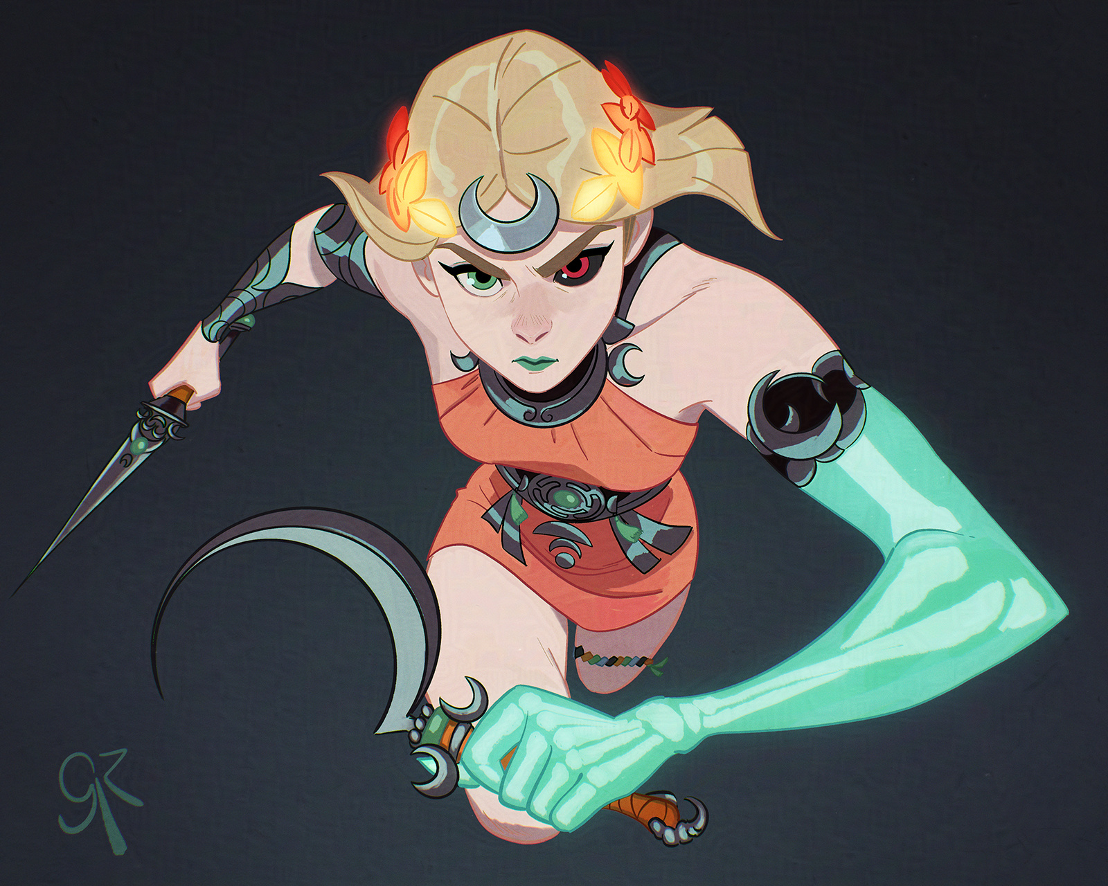 galmesh rosewood, melinoe (hades), hades (series), hades 2, adversarial noise, alt text, commentary, english commentary, highres, making-of available, 1girl, artist name, asymmetrical arms, black sclera, blonde hair, closed mouth, colored sclera, dagger, dress, green arm, green eyes, green lips, holding, holding dagger, holding knife, holding sickle, holding weapon, knife, laurel crown, looking at viewer, mismatched sclera, orange dress, red eyes, see-through body, short hair, simple background, skeletal arm, weapon