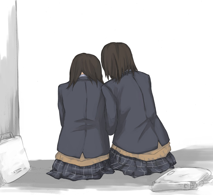 tamaru tokihiko, original, 2girls, black hair, blazer, brown hair, multiple girls, school uniform, serafuku, sitting