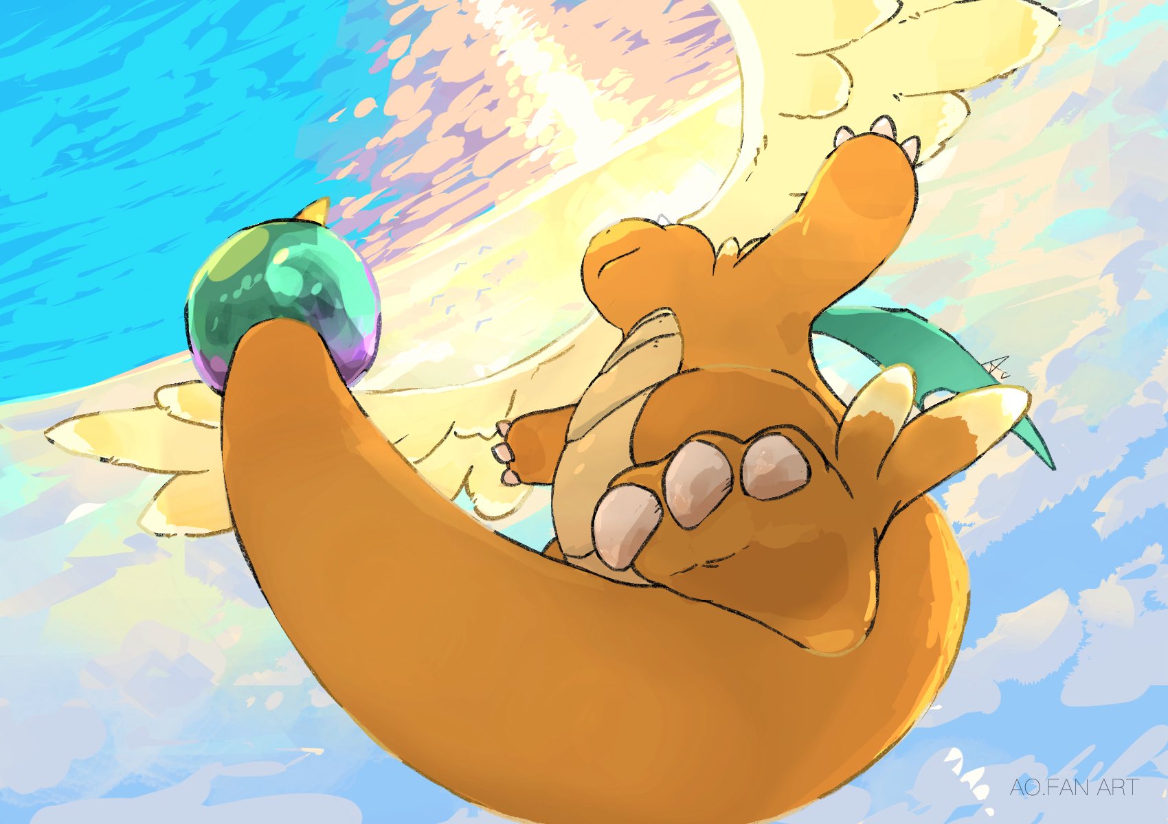 aomon (yuuji7604), dragonite, mega dragonite, nintendo, pokemon, highres, blue sky, claws, closed mouth, cloud, colored skin, dragon, feathered wings, flying, full body, gen 1 pokemon, head wings, mega pokemon, no humans, ocean, outdoors, pokemon (creature), pokemon focus, sky, smile, solo, tail, water, wings