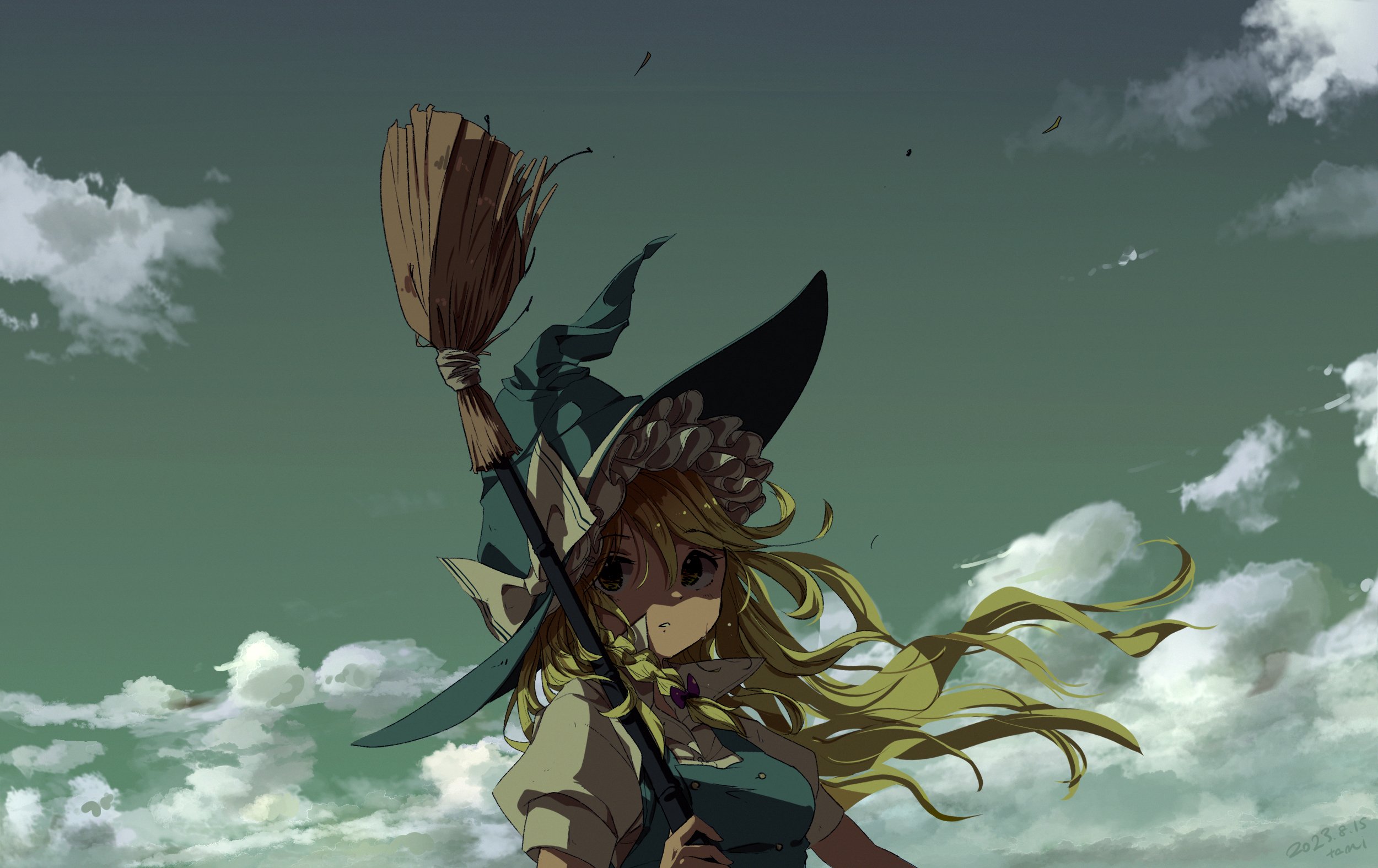 tami (joemanyodw), kirisame marisa, touhou, commentary, english commentary, highres, revision, 1girl, blonde hair, bow, braid, broom, cloud, hat, hat bow, holding, holding broom, long hair, looking at viewer, outdoors, parted lips, puffy short sleeves, puffy sleeves, short sleeves, side braid, single braid, sky, solo, upper body, white bow, witch hat