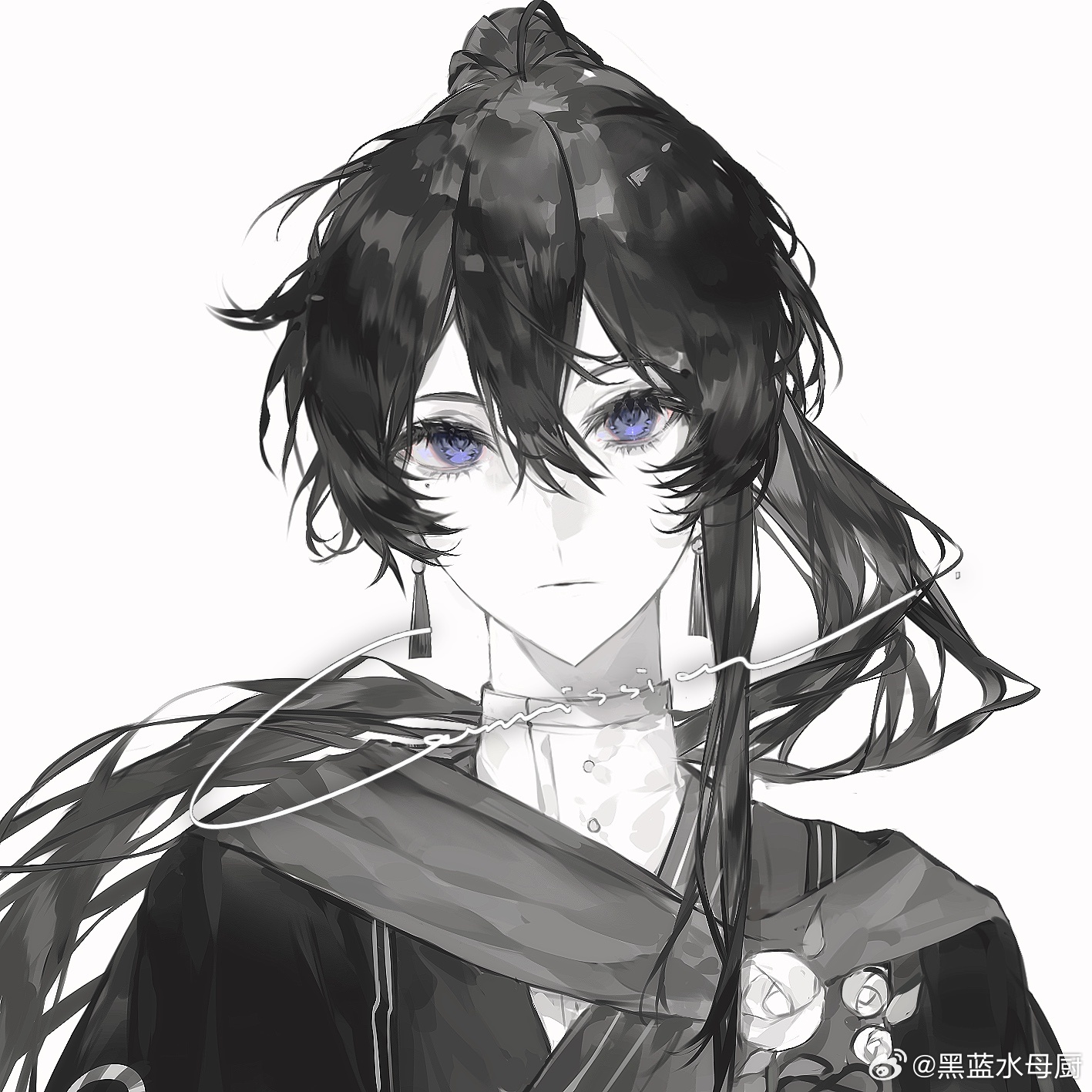 original, highres, 1boy, bishounen, black hair, closed mouth, earrings, flower, hair between eyes, heilanshuimuchu, high ponytail, jewelry, long hair, male focus, monochrome, ponytail, purple eyes, scarf, shirt, sidelocks, simple background, tassel, tassel earrings, upper body, white background, white shirt
