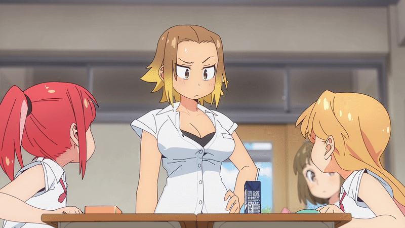 kasamaru aoi, seto shouko, tanigawa ruri, ruri no houseki, animated, animated gif, tagme, 2025, 20s, 4girls, bare arms, bare shoulders, black bra, blonde hair, blue skirt, blush, bra, bra peek, breasts, brown bag, brown eyes, brown hair, classroom, cleavage, collarbone, collared shirt, earrings, gradient hair, green eyes, hand up, holding, jewelry, large breasts, long hair, multicolored hair, multiple girls, open mouth, parted bangs, partially unbuttoned, ponytail, red hair, school uniform, shirt, short hair, short sleeves, skirt, sleeveless, sleeveless shirt, summer uniform, underwear, white shirt