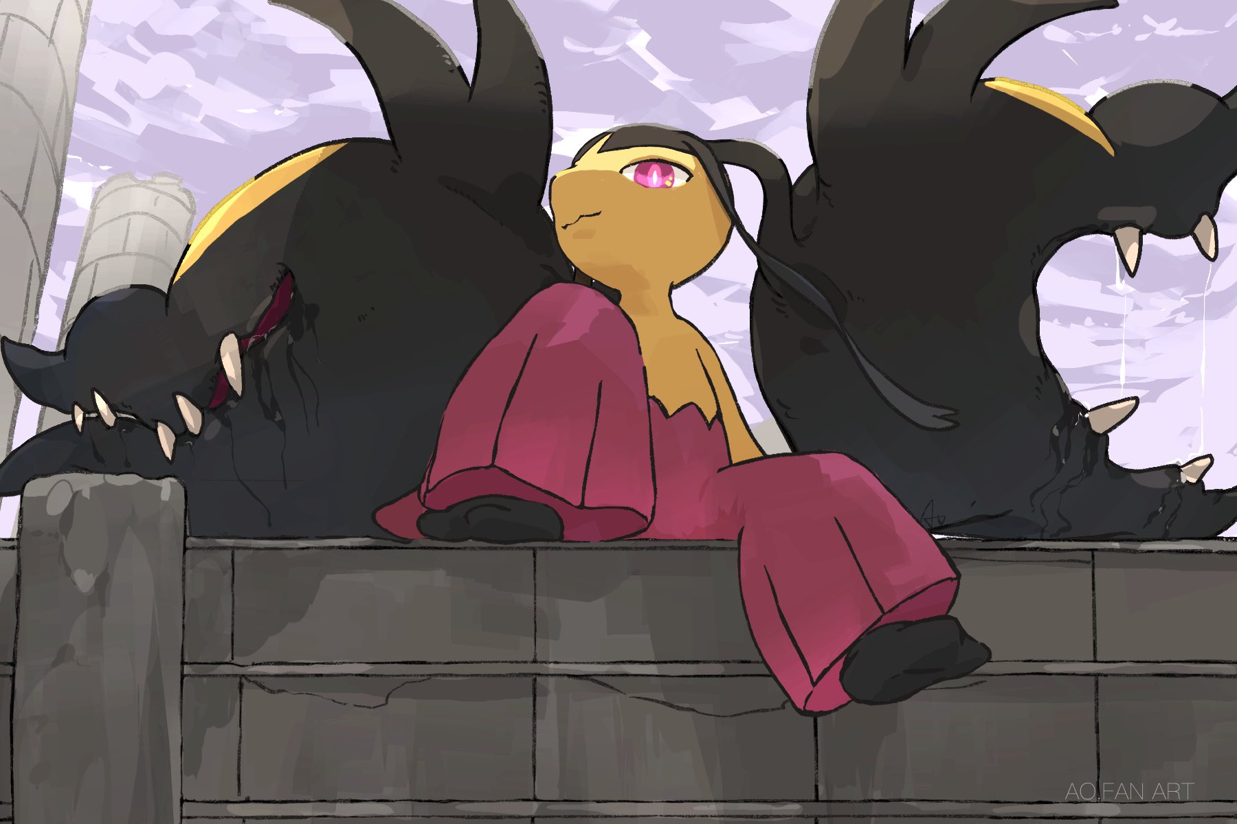 aomon (yuuji7604), mawile, mega mawile, nintendo, pokemon, highres, big hair, closed mouth, colored skin, extra mouth, full body, gen 3 pokemon, mega pokemon, no humans, open mouth, pink eyes, pokemon (creature), pokemon focus, purple eyes, red eyes, saliva, sharp teeth, sitting, smile, solo, teeth, yellow skin