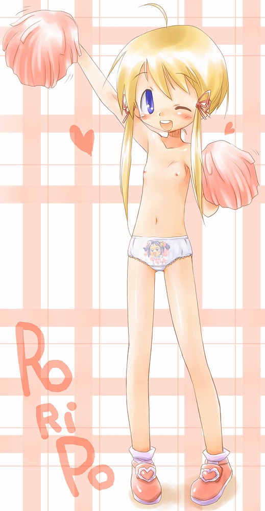 tatata, nagatsuki yuuri, original, source request, 1girl, blonde hair, blue eyes, cheerleader, female focus, front-print panties, loli, nipples, panties, pom pom (cheerleading), print panties, solo, topless female, underwear