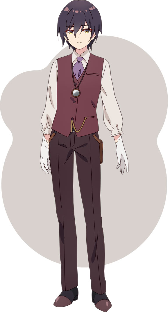 na-ga, tohma nagi, prima doll (anime), official art, 1boy, anime coloring, black hair, black shoes, brown pants, closed mouth, collared shirt, dress shoes, eyeliner, full body, gloves, grey background, hair between eyes, long sleeves, looking at viewer, makeup, necktie, pants, purple necktie, purple vest, red eyeliner, shirt, shoes, short hair, smile, solo, standing, two-tone background, vest, white background, white gloves, white shirt