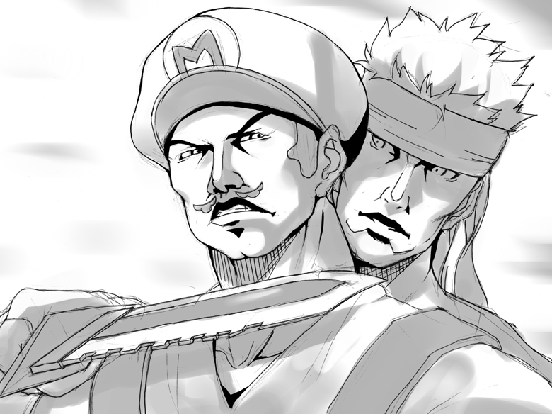 date (senpen), mario, solid snake, mario (series), metal gear (series), nintendo, 2boys, crossover, facial hair, greyscale, hat, headband, knife, monochrome, multiple boys, mustache, sketch, snake