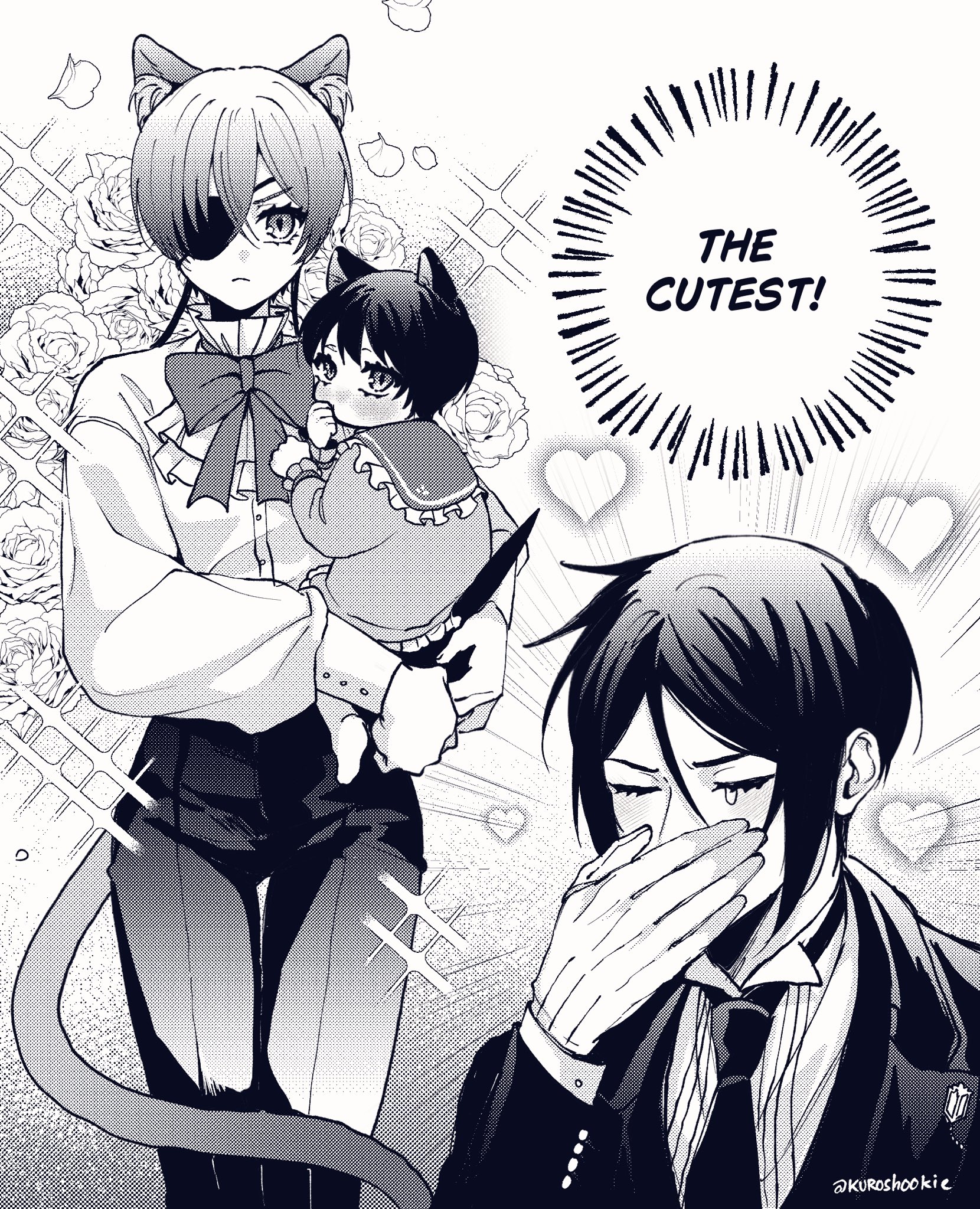 kurosh00kie, ciel phantomhive, sebastian michaelis, theo (kurosh00kie), kuroshitsuji, highres, 3boys, aged up, animal ears, butler, cat boy, cat ears, cat tail, english text, eyelashes, eyepatch, father and son, greyscale, implied yaoi, kemonomimi mode, male focus, monochrome, multiple boys, tail, toddler