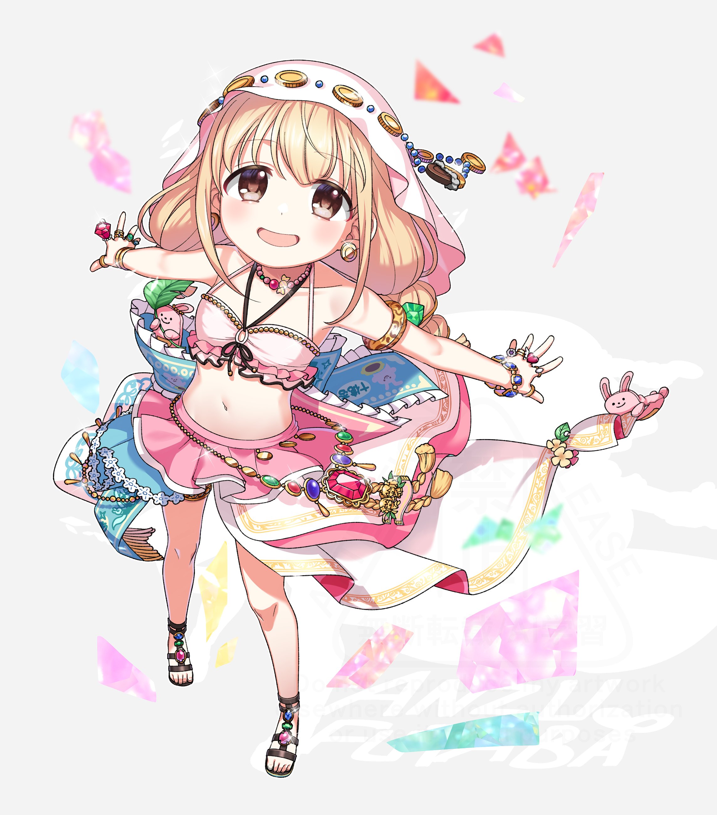 kanoko y, futaba anzu, idolmaster, idolmaster cinderella girls, absurdres, highres, 1girl, bare shoulders, bikini, blonde hair, breasts, full body, grey background, long hair, midriff, navel, open mouth, red eyes, shoes, small breasts, smile, solo, standing, stomach, swimsuit