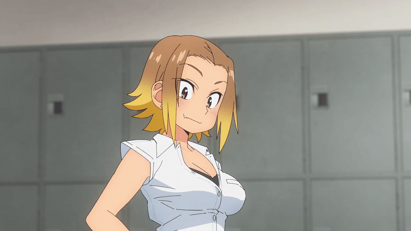 kasamaru aoi, ruri no houseki, animated, animated gif, tagme, 1girl, 2025, 20s, black bra, blonde hair, blush, bra, bra peek, breasts, brown eyes, brown hair, cleavage, collarbone, collared shirt, earrings, fang, gradient hair, jewelry, large breasts, multicolored hair, open mouth, parted bangs, partially unbuttoned, school uniform, shirt, short hair, short sleeves, summer uniform, underwear, white shirt