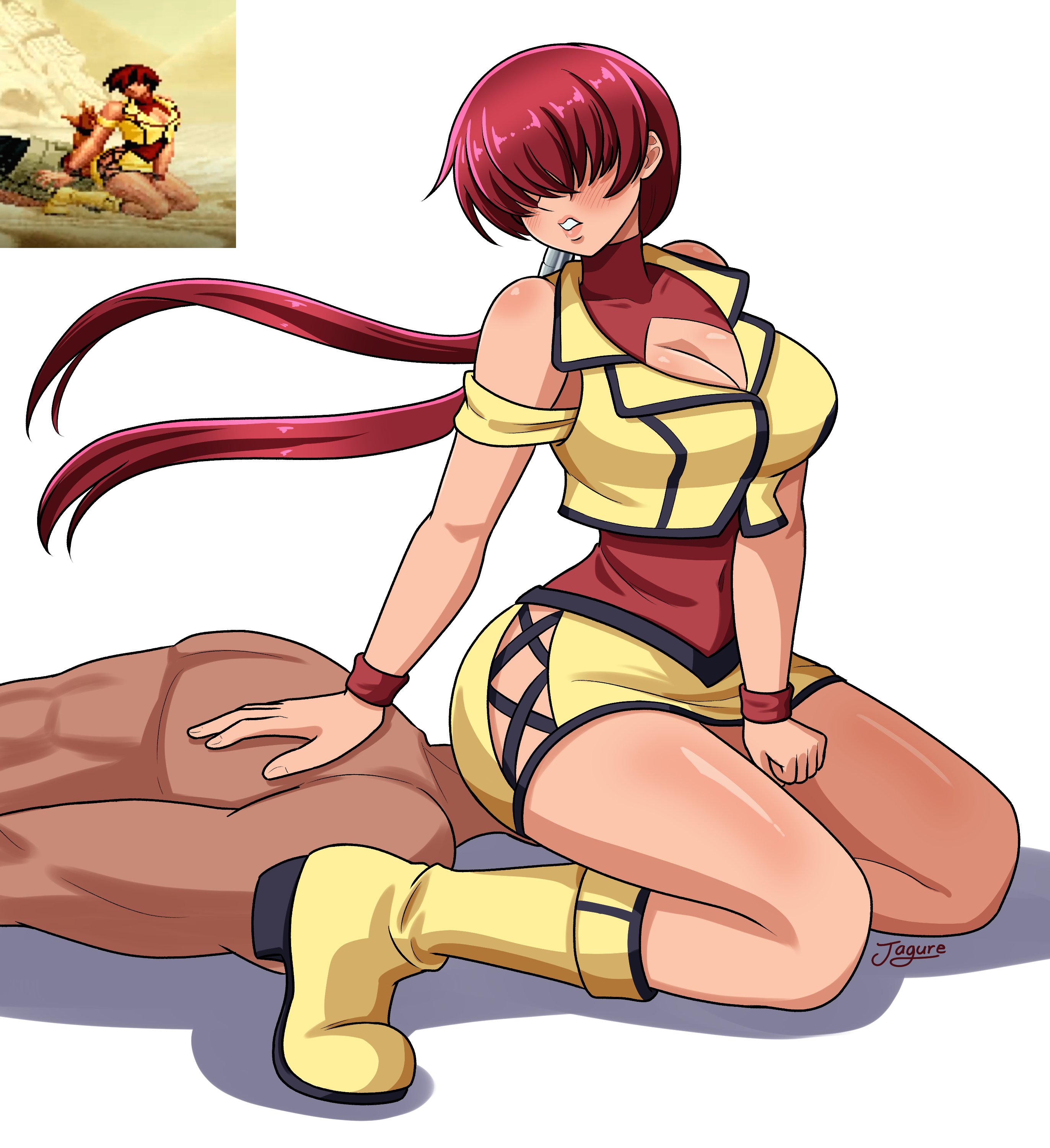 shermie (kof), the king of fighters, the king of fighters 2000, 1girl, ass, boots, breasts, cleavage, cleavage cutout, clothing cutout, curvy, dress, female focus, fishnets, girl on top, high heels, huge ass, huge breasts, jacket, jagure, jagure 111, large breasts, long hair, looking back, ponytail, red hair, shiny clothes, shiny skin, sitting, sitting on face, sitting on person, skirt, thick thighs, thighs, twintails, wide hips