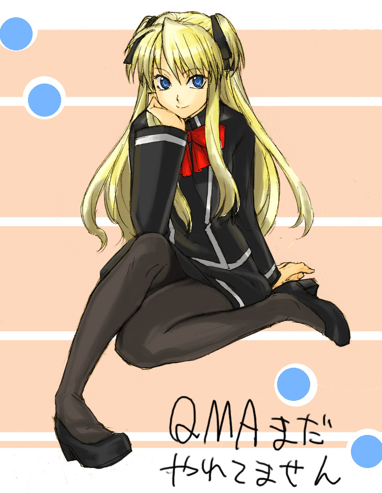tetsu (kimuchi), shalon, quiz magic academy, 1girl, blonde hair, blue eyes, female focus, legs, long hair, pantyhose, school uniform, serafuku, solo